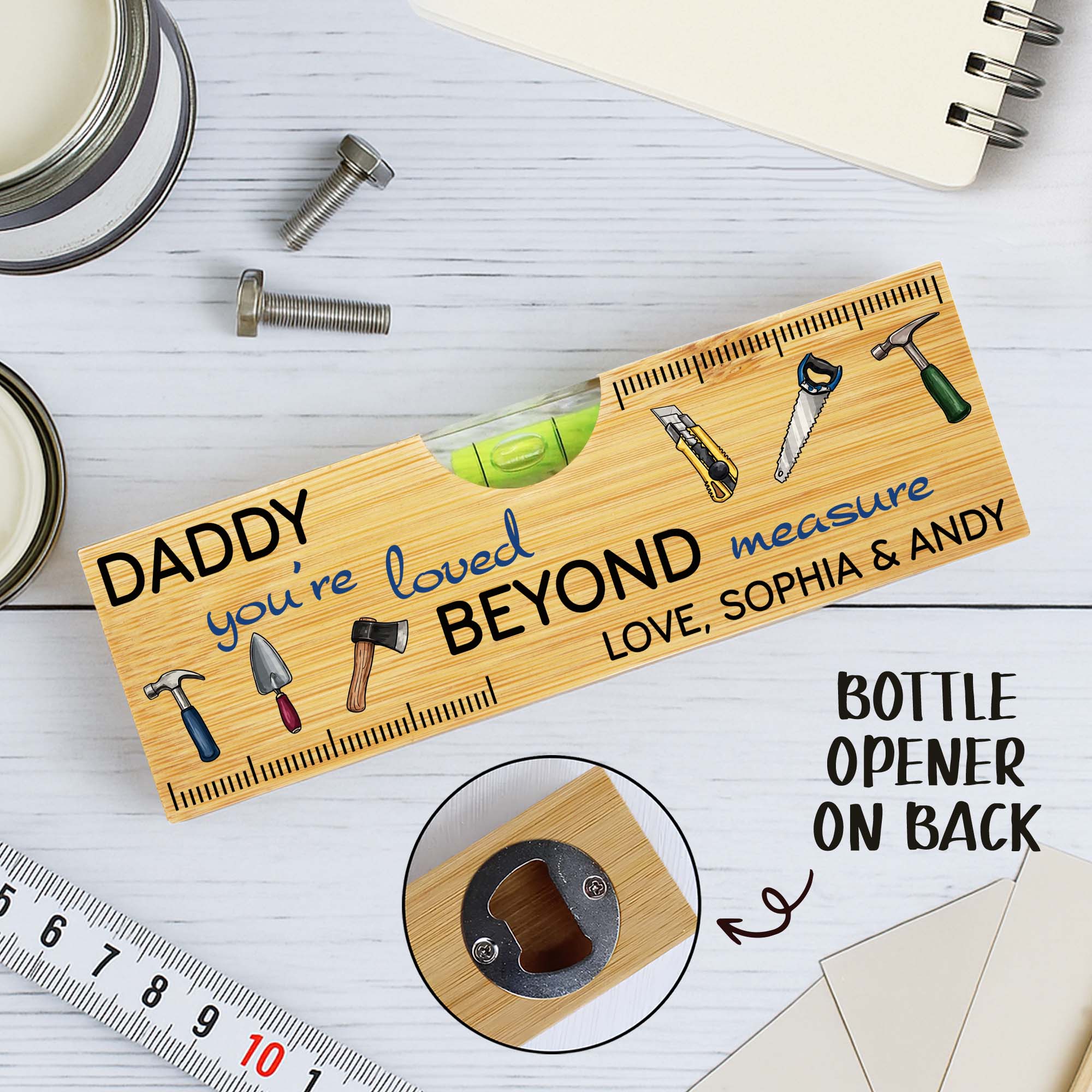 Personalized Wooden Spirit Level Bottle Opener Gift for Dad