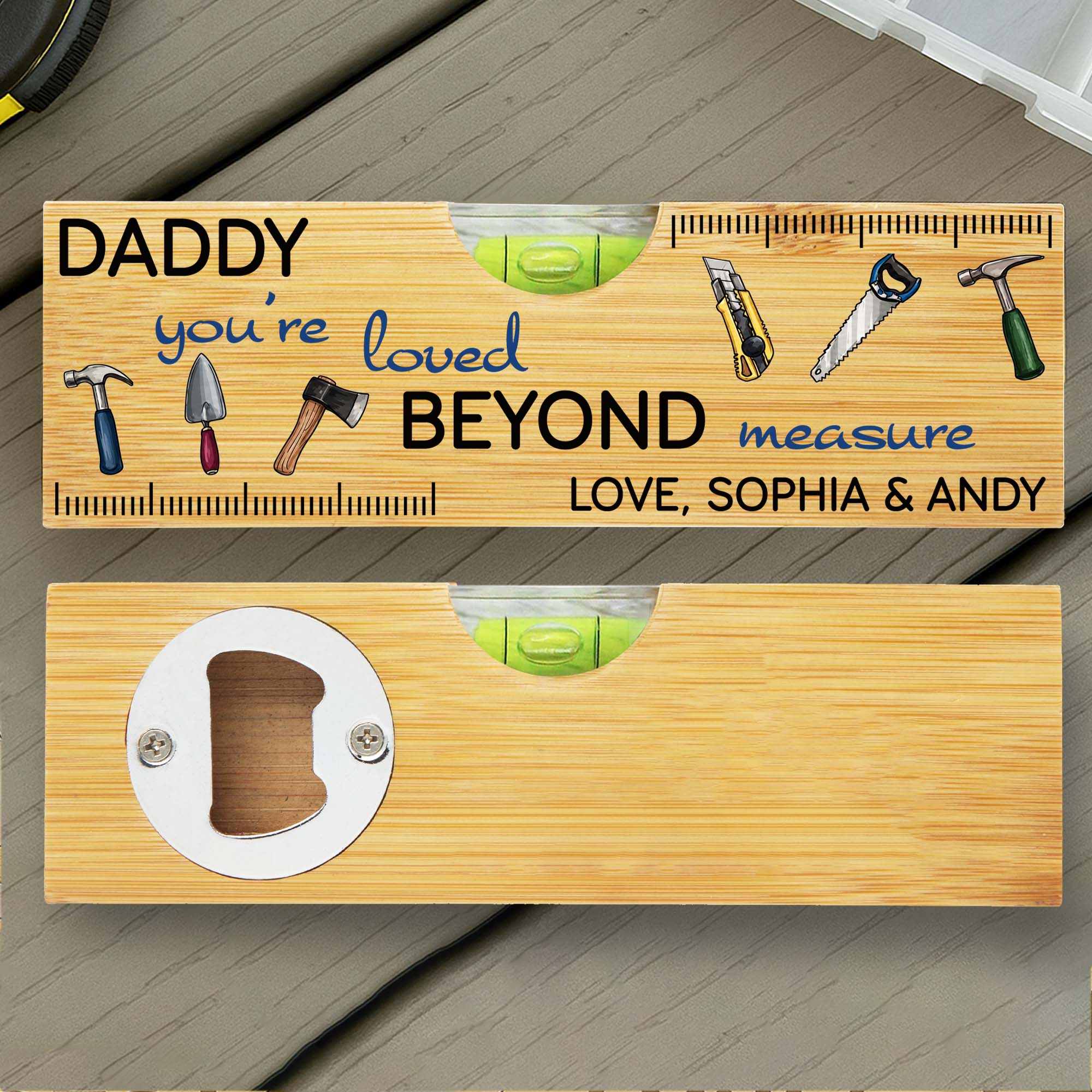 Personalized Wooden Spirit Level Bottle Opener Gift for Dad