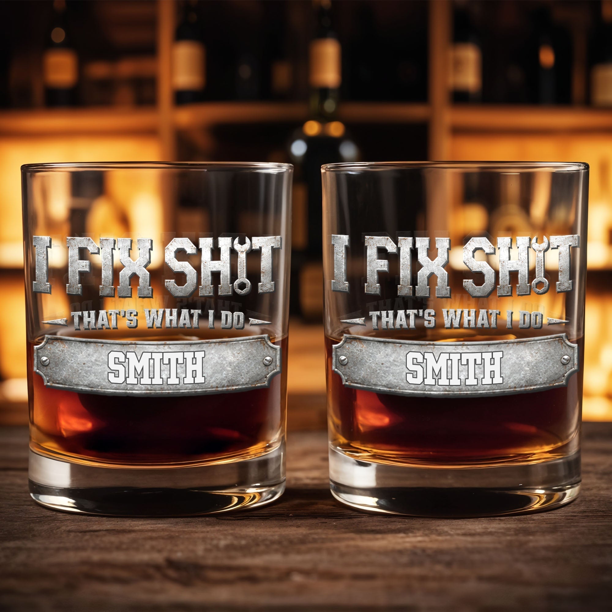 Personalized Custom Whiskey Glass with Metal Wrench Graphic Gift for Dad