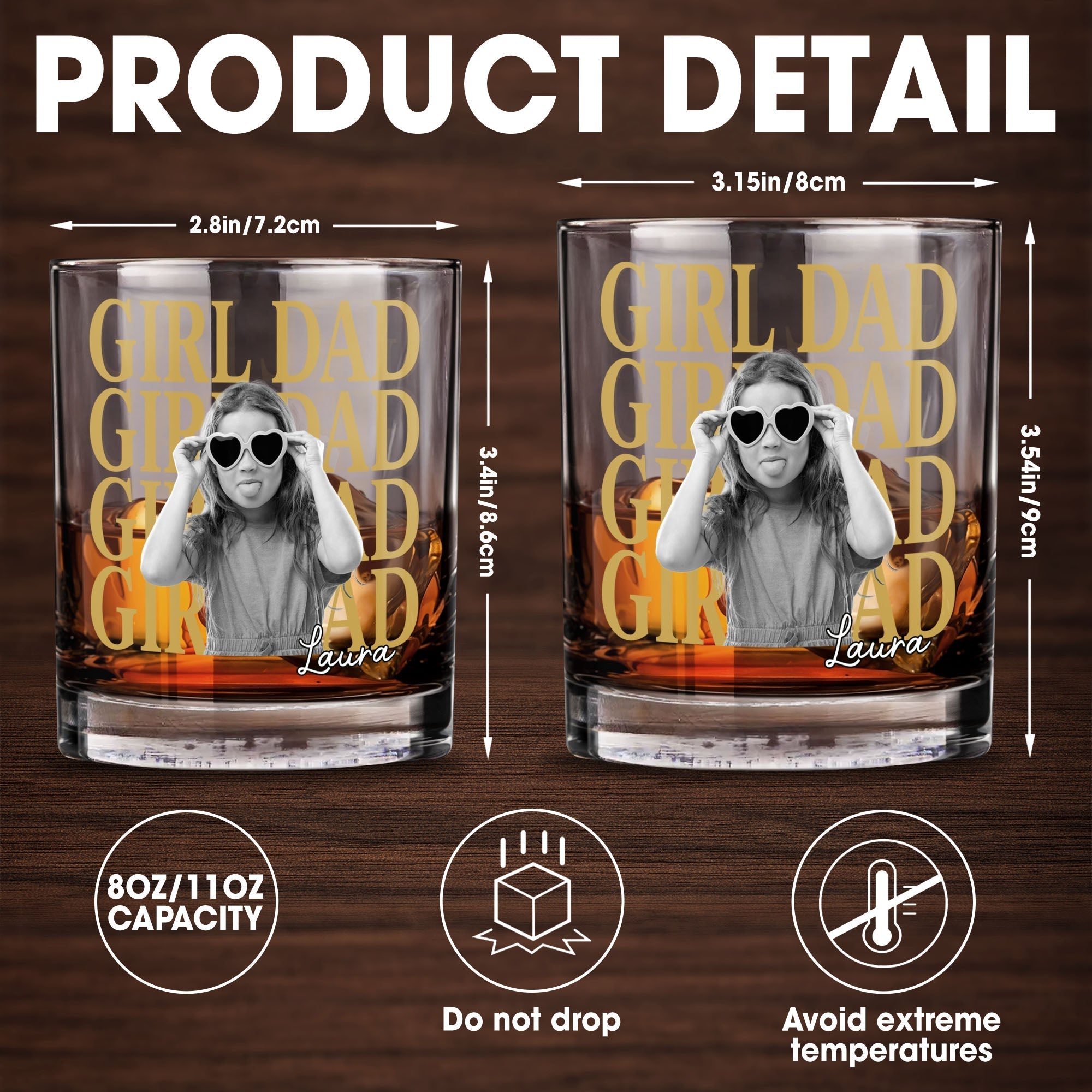 Personalized Custom Whiskey Glass with Photo & Heart Sunglasses Gift for Dad