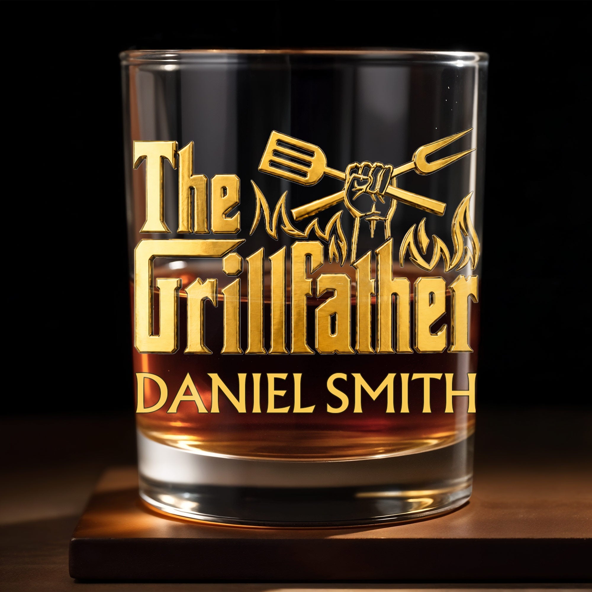 Personalized Custom Whiskey Glass Gift for Dad with Flames Design
