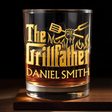 Load image into Gallery viewer, Personalized Custom Whiskey Glass Gift for Dad with Flames Design

