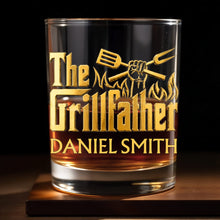 Load image into Gallery viewer, Personalized Custom Whiskey Glass Gift for Dad with Flames Design
