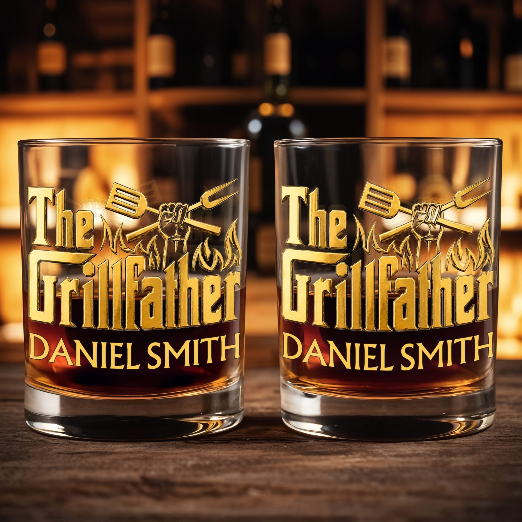 Personalized Custom Whiskey Glass Gift for Dad with Flames Design