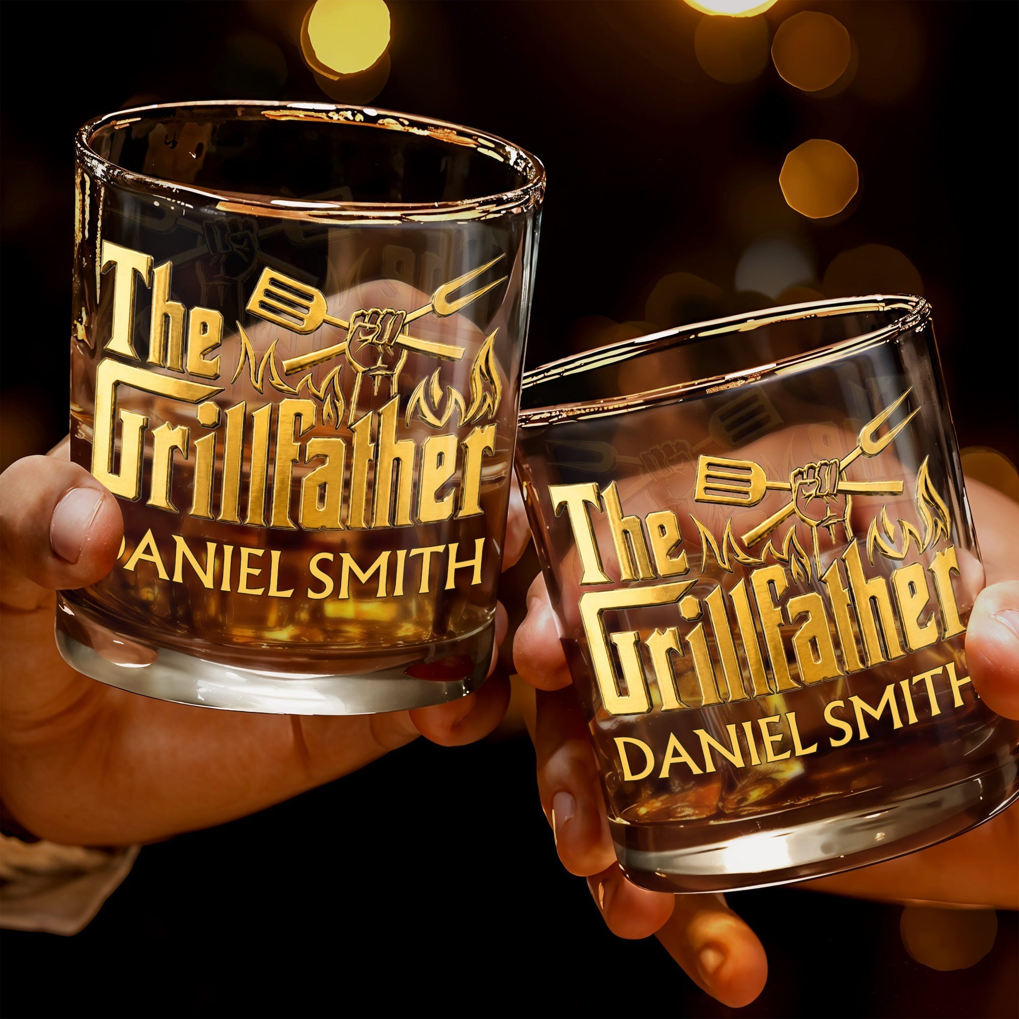 Personalized Custom Whiskey Glass Gift for Dad with Flames Design