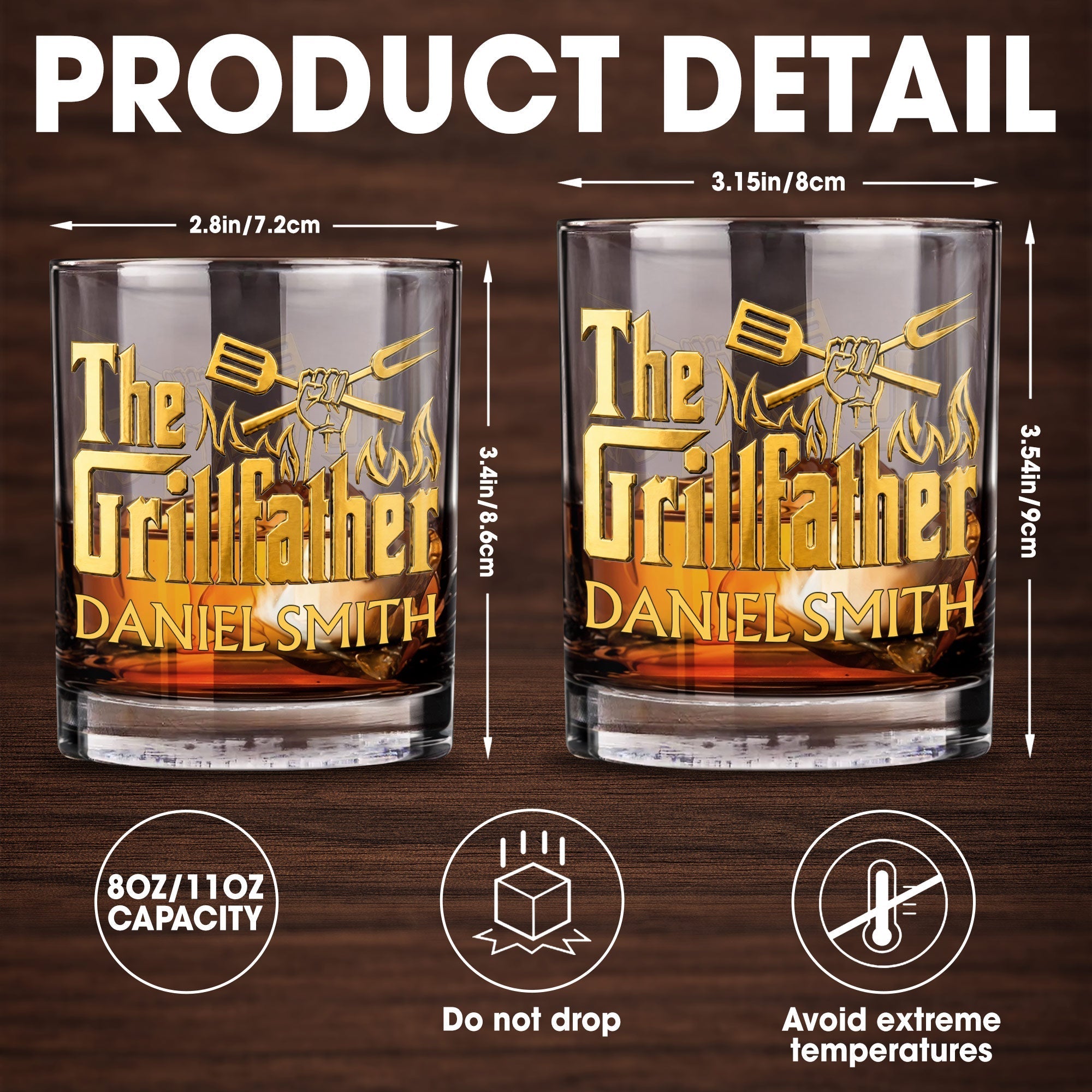 Personalized Custom Whiskey Glass Gift for Dad with Flames Design