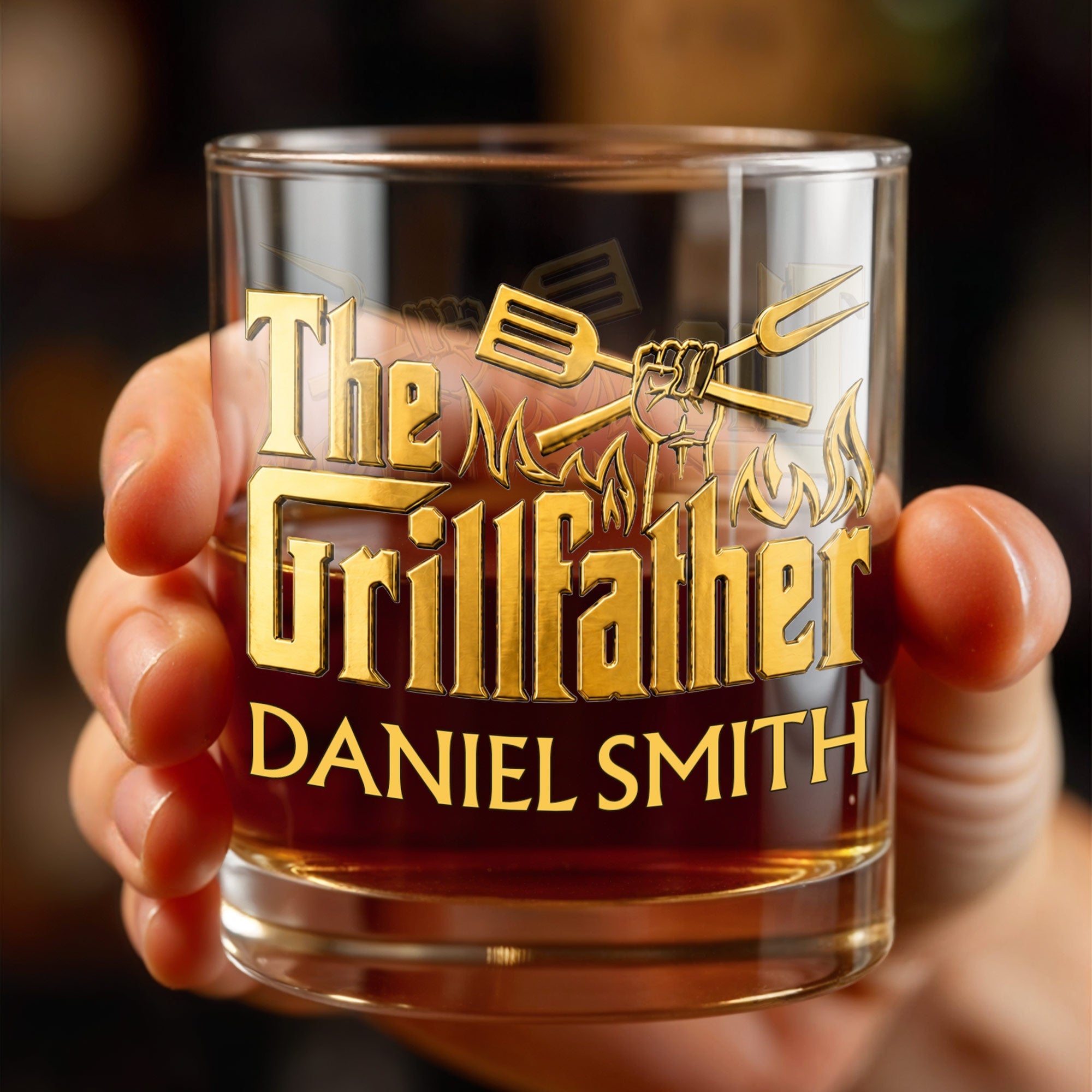 Personalized Custom Whiskey Glass Gift for Dad with Flames Design