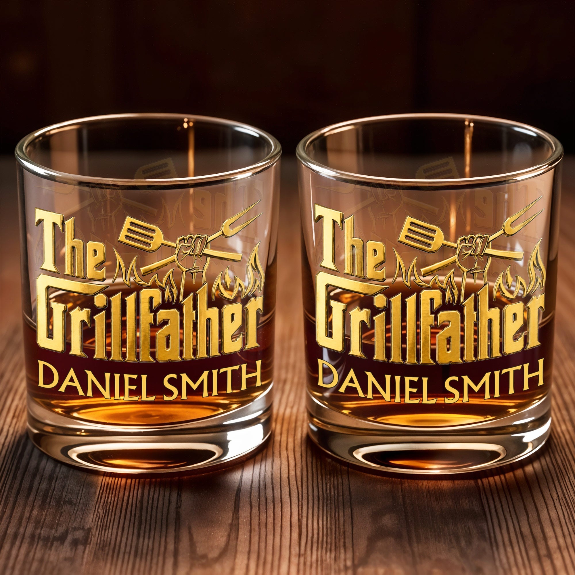Personalized Custom Whiskey Glass Gift for Dad with Flames Design