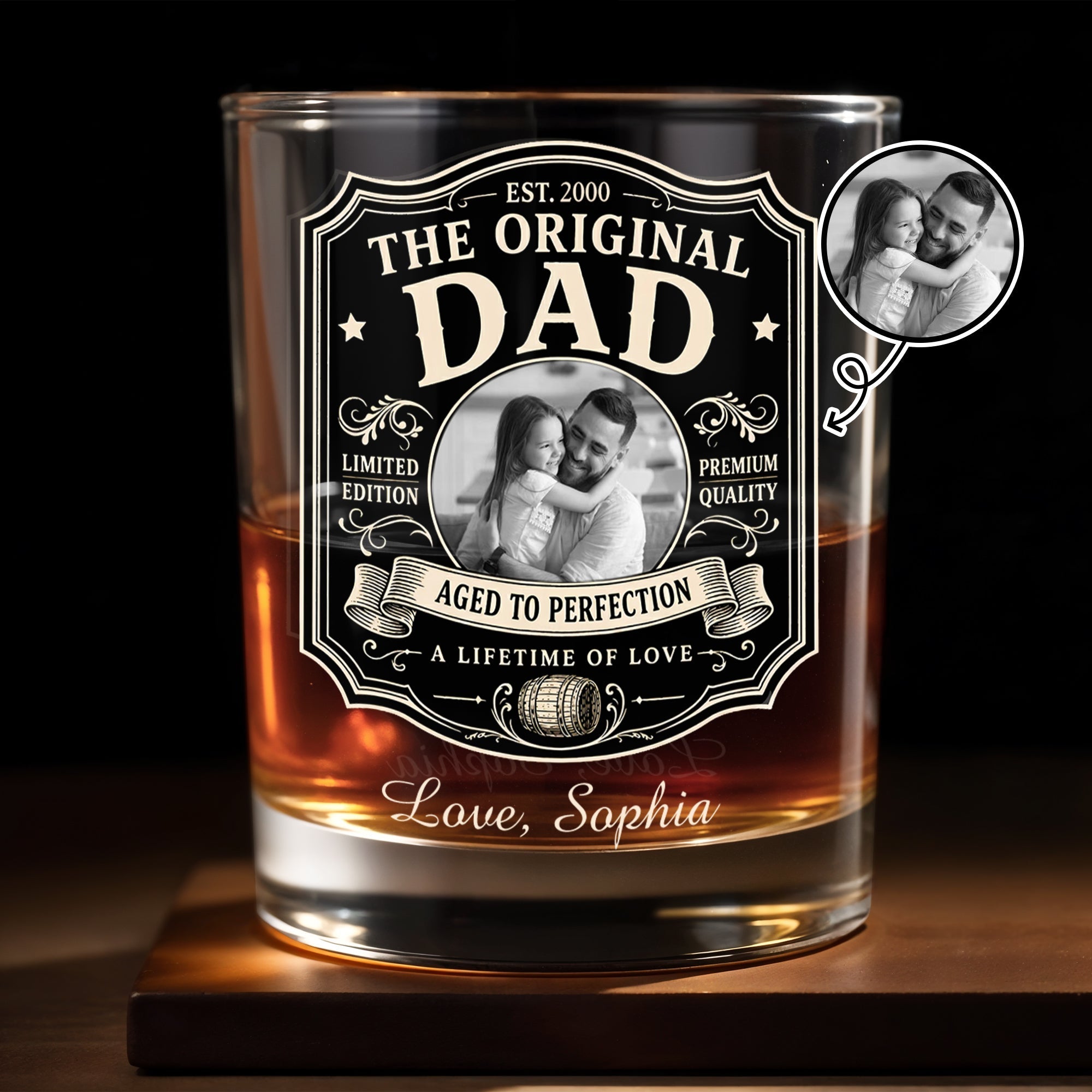 Personalized Custom Whiskey Glass with Photo Upload Gift for Dad