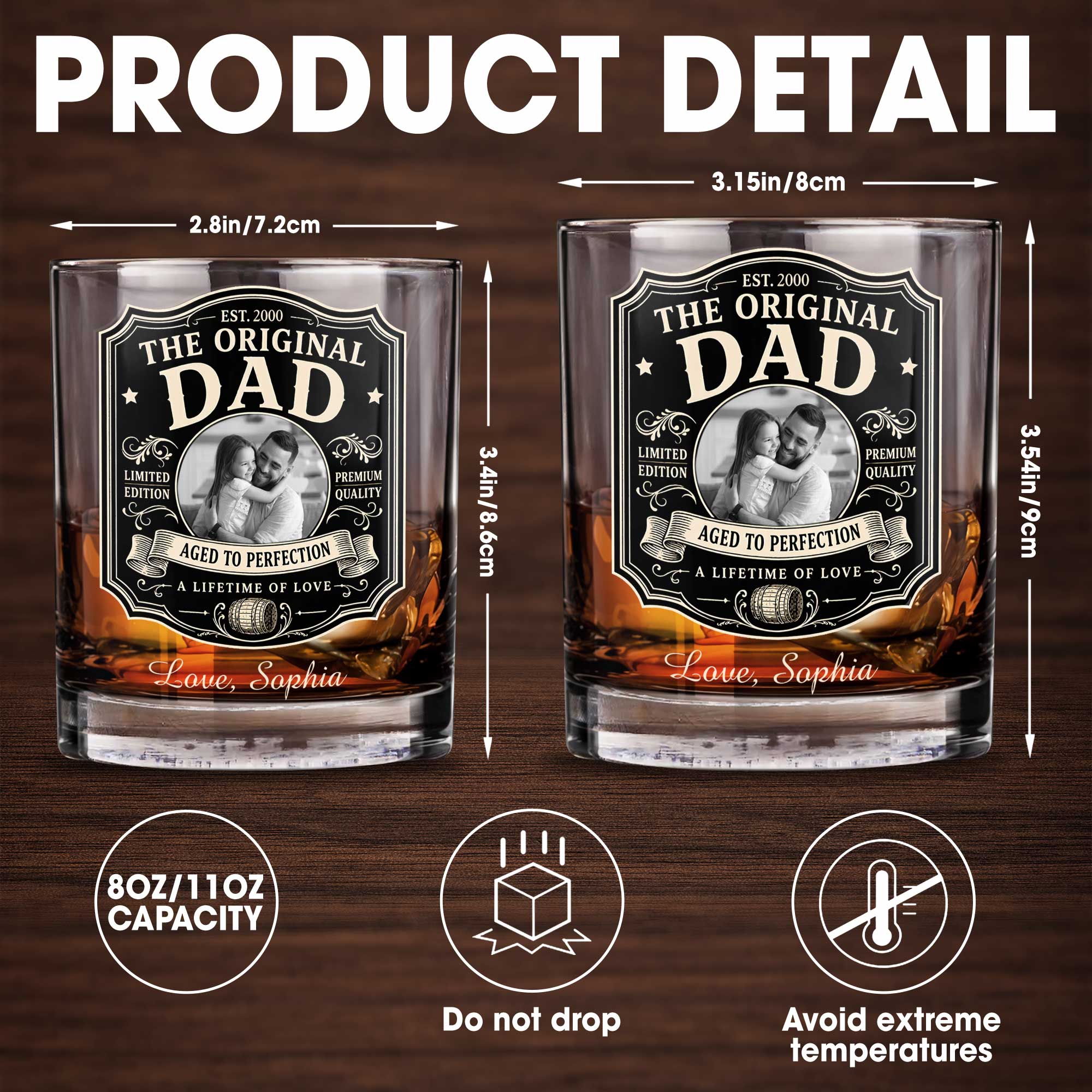 Personalized Custom Whiskey Glass with Photo Upload Gift for Dad