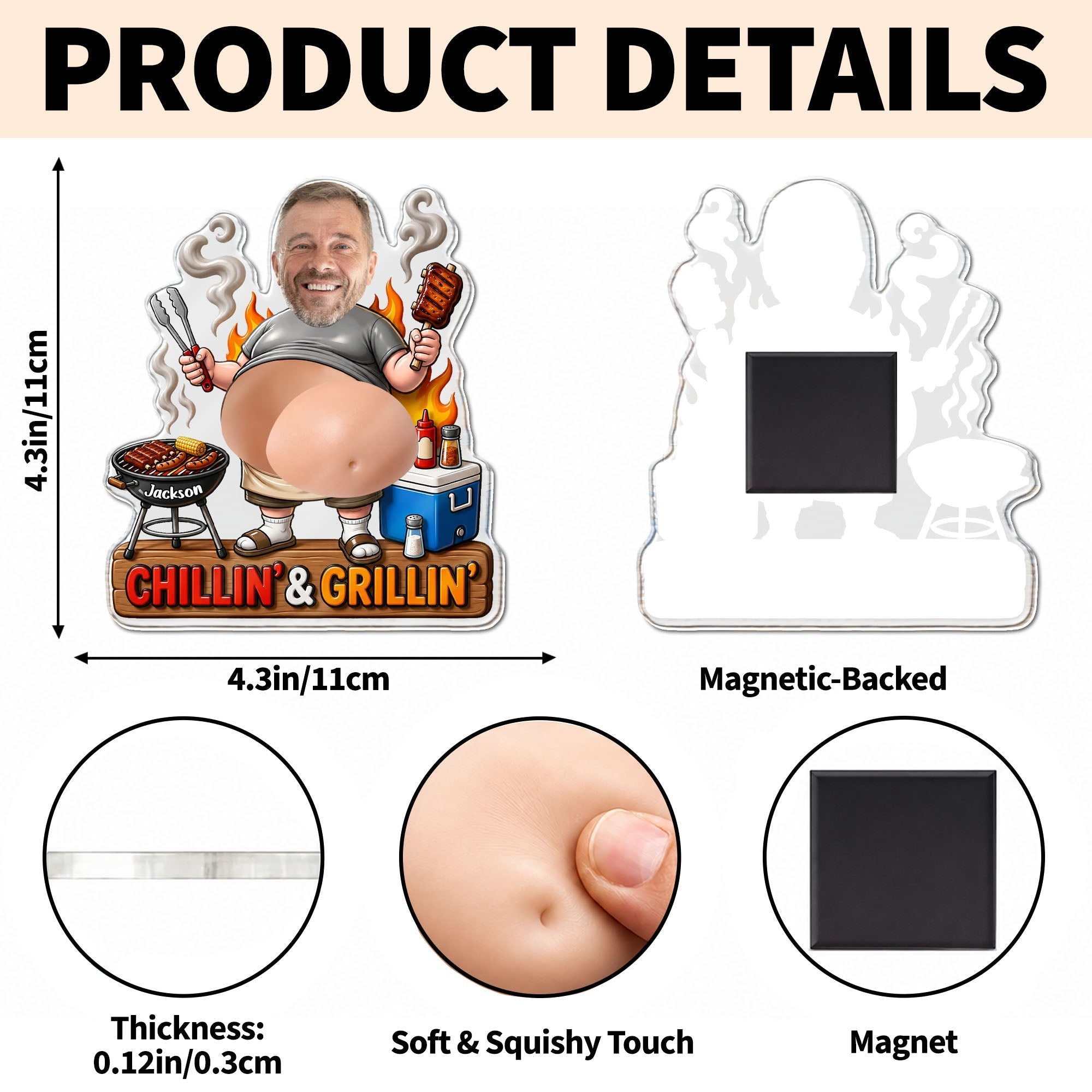 Personalized Squishy Acrylic Fridge Magnet for Dad - Funny BBQ Gift