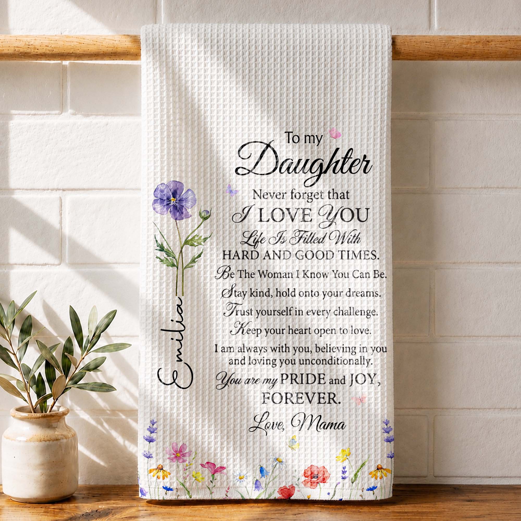 Personalized Kitchen Towel Birth Month Flowers for Daughter Gift