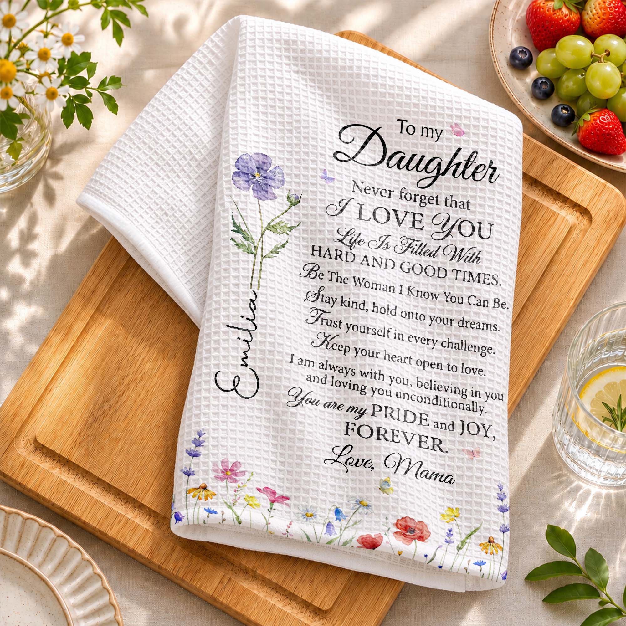 Personalized Kitchen Towel Birth Month Flowers for Daughter Gift