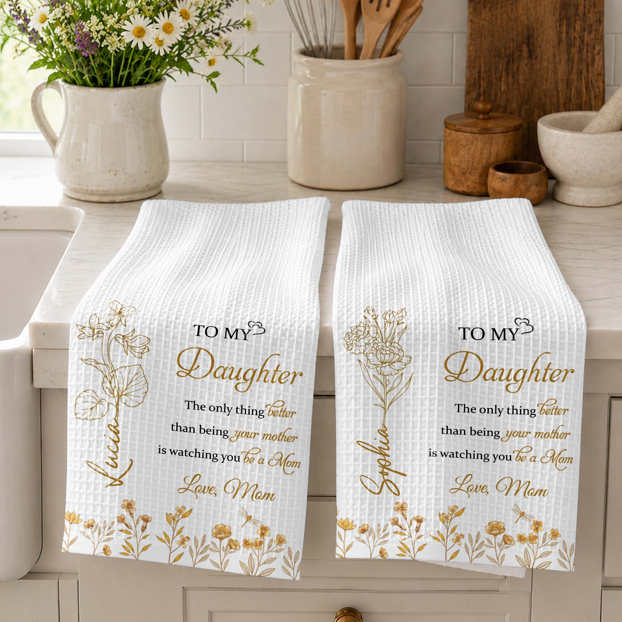 Personalized Kitchen Towel for Daughter Birth Month Flowers Gift