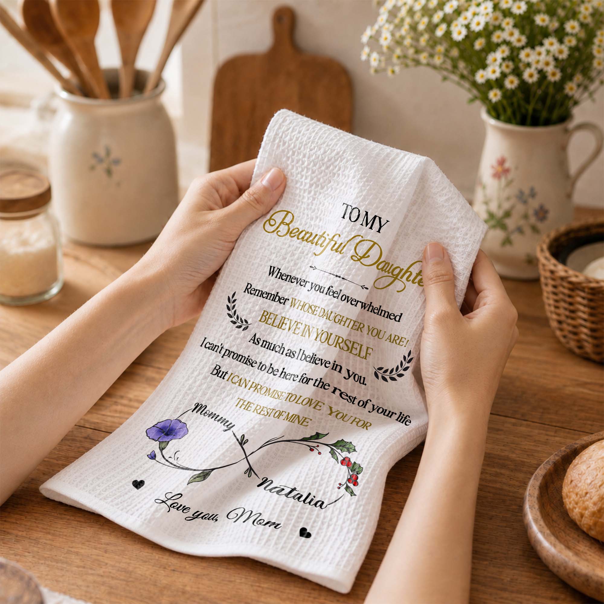 Personalized Kitchen Towel Custom Birth Month Flowers Gift for Daughter