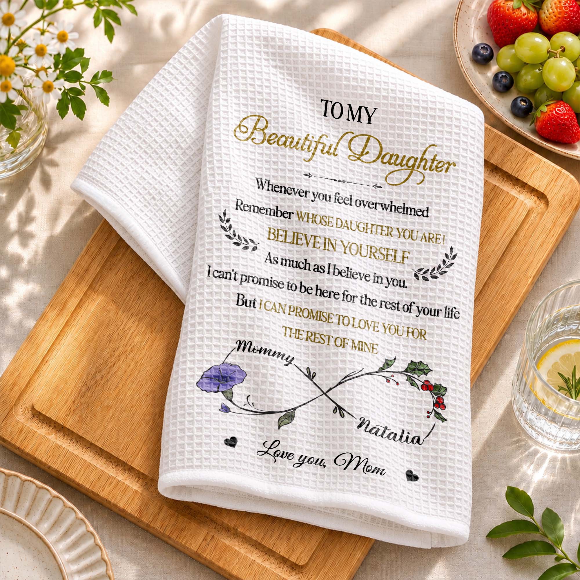 Personalized Kitchen Towel Custom Birth Month Flowers Gift for Daughter