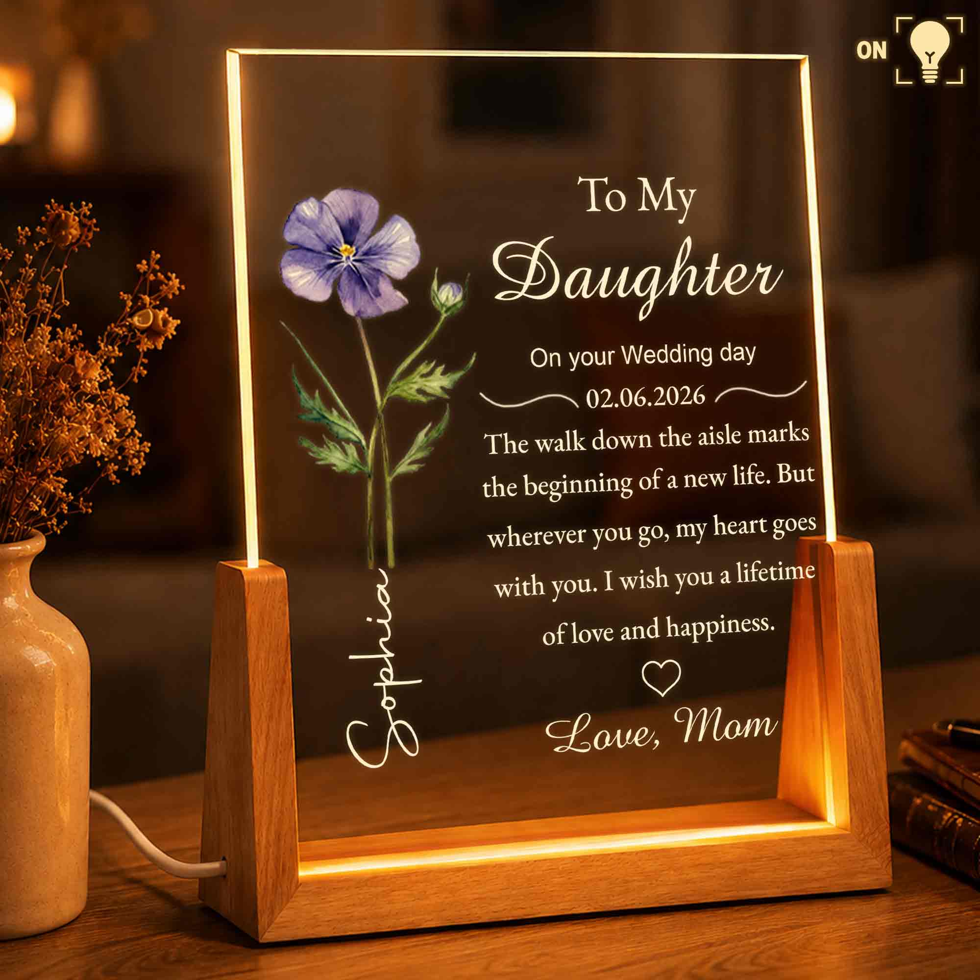Personalized Acrylic Night Light with Wooden Base Gift for Daughter Wedding