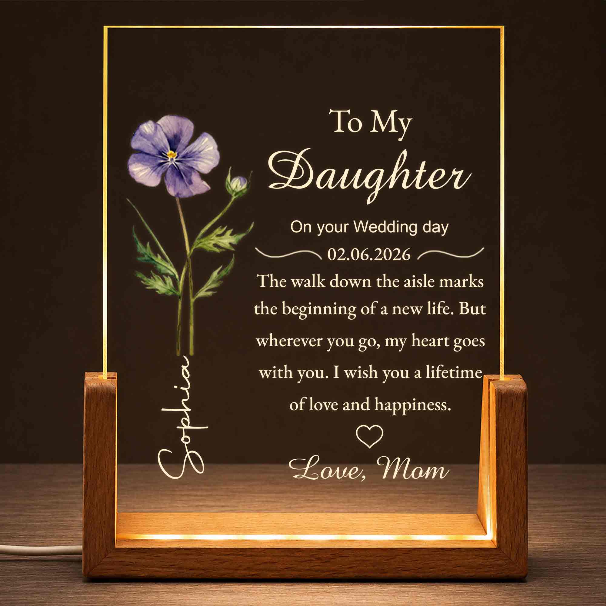 Personalized Acrylic Night Light with Wooden Base Gift for Daughter Wedding
