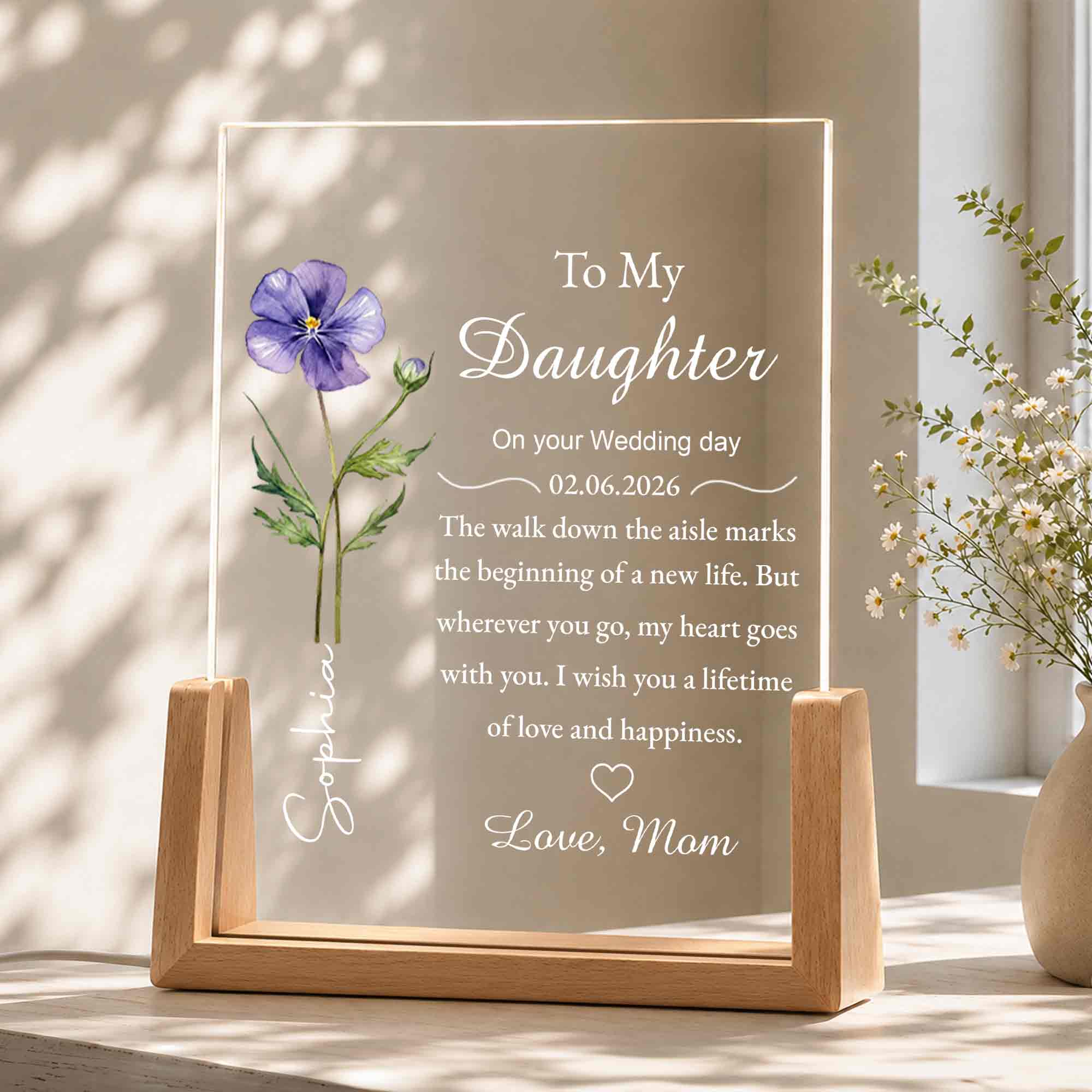 Personalized Acrylic Night Light with Wooden Base Gift for Daughter Wedding