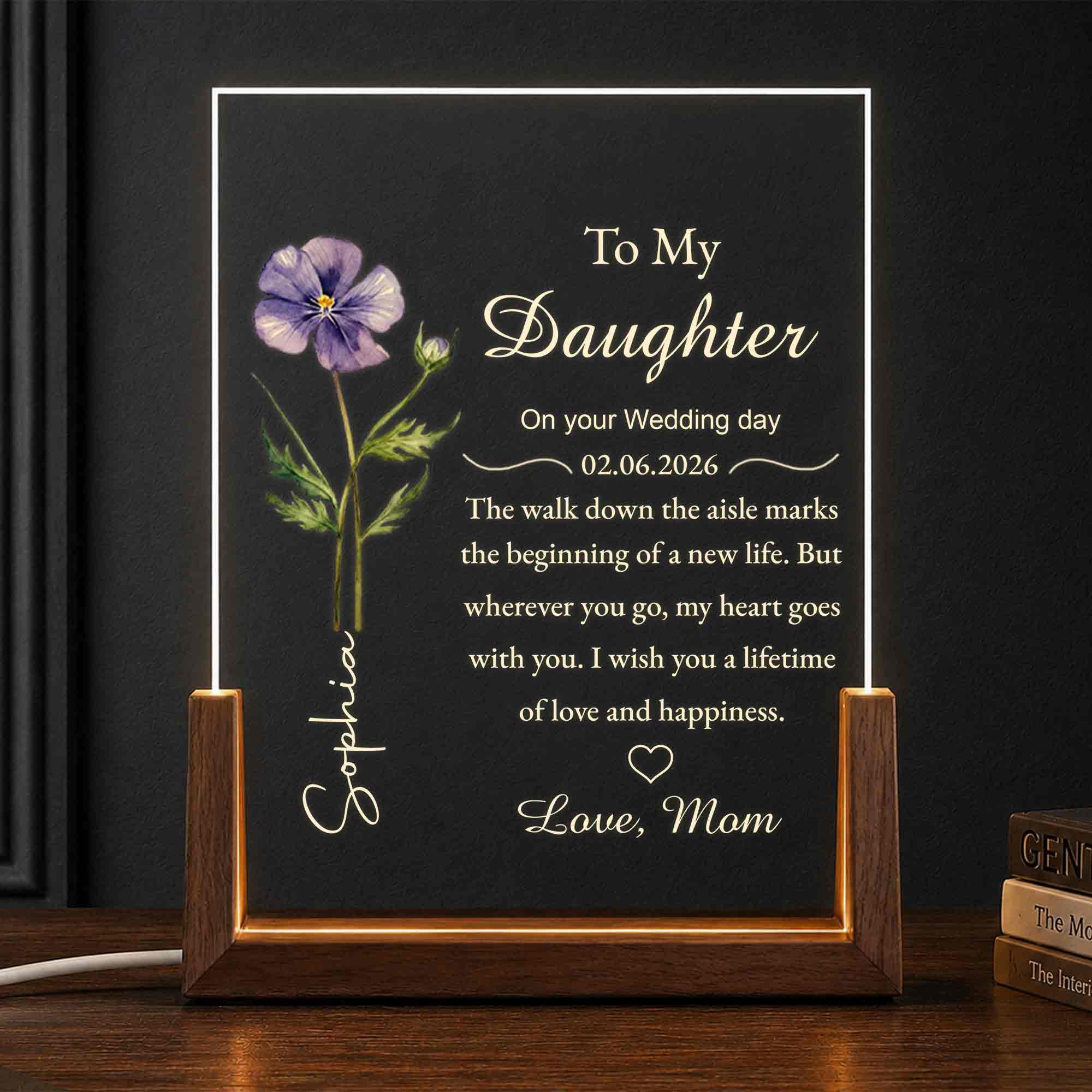 Personalized Acrylic Night Light with Wooden Base Gift for Daughter Wedding