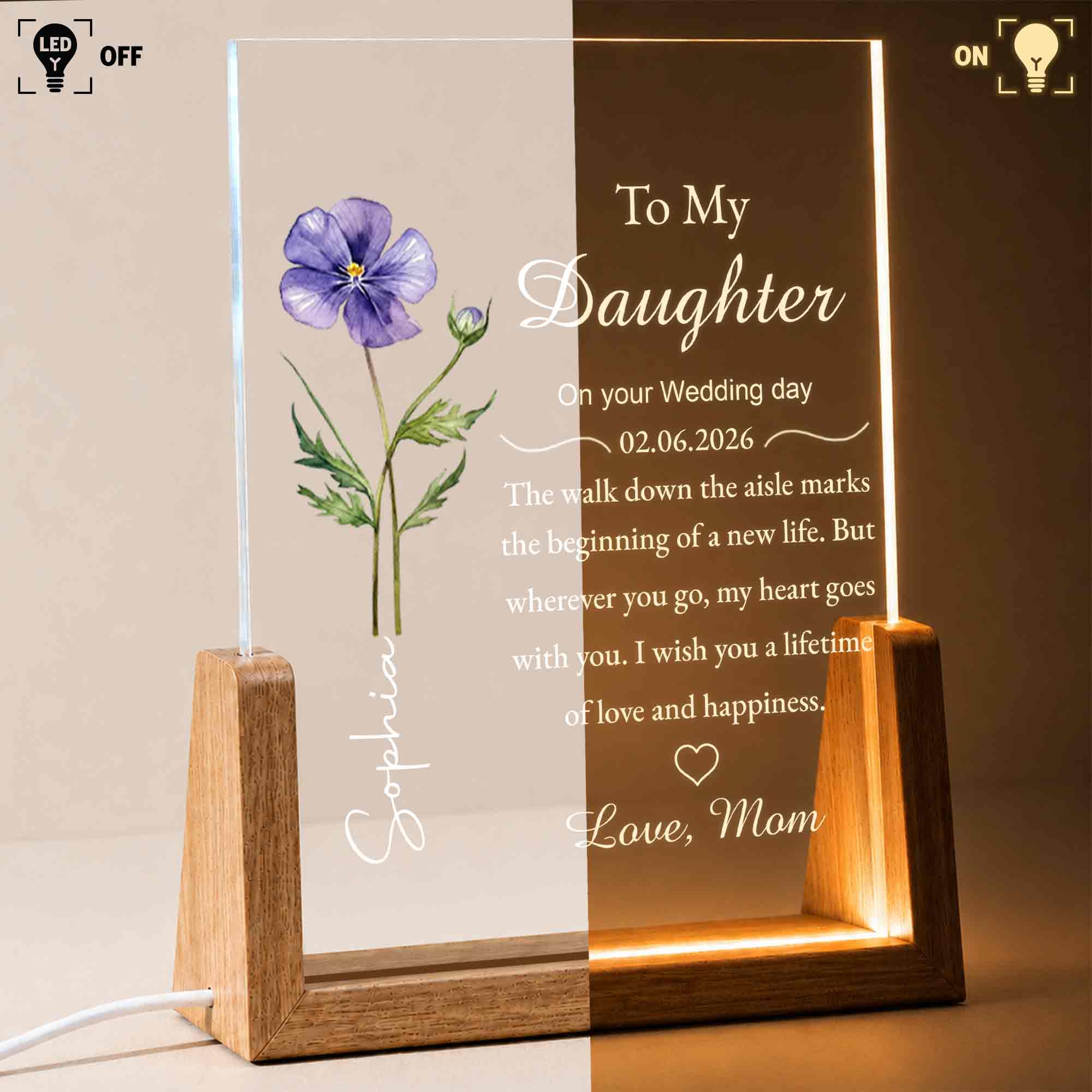 Personalized Acrylic Night Light with Wooden Base Gift for Daughter Wedding