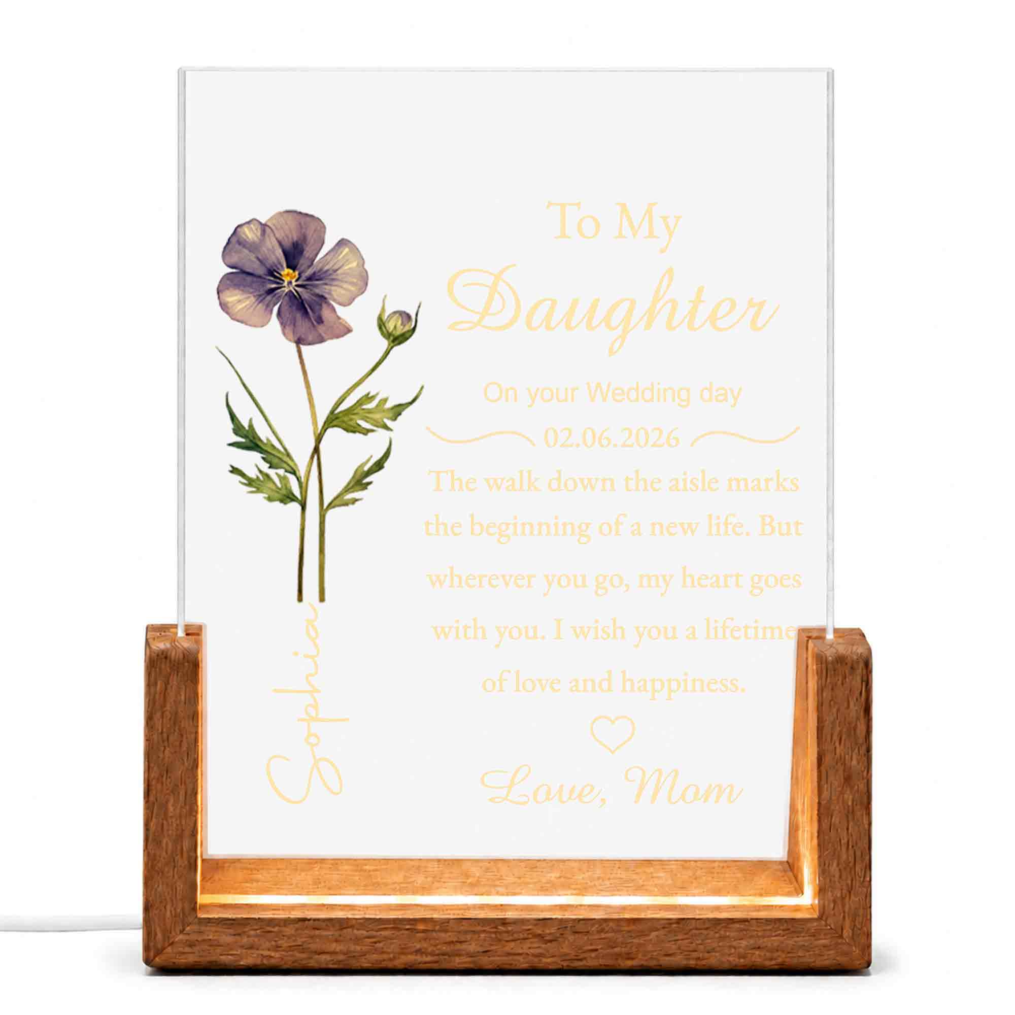 Personalized Acrylic Night Light with Wooden Base Gift for Daughter Wedding