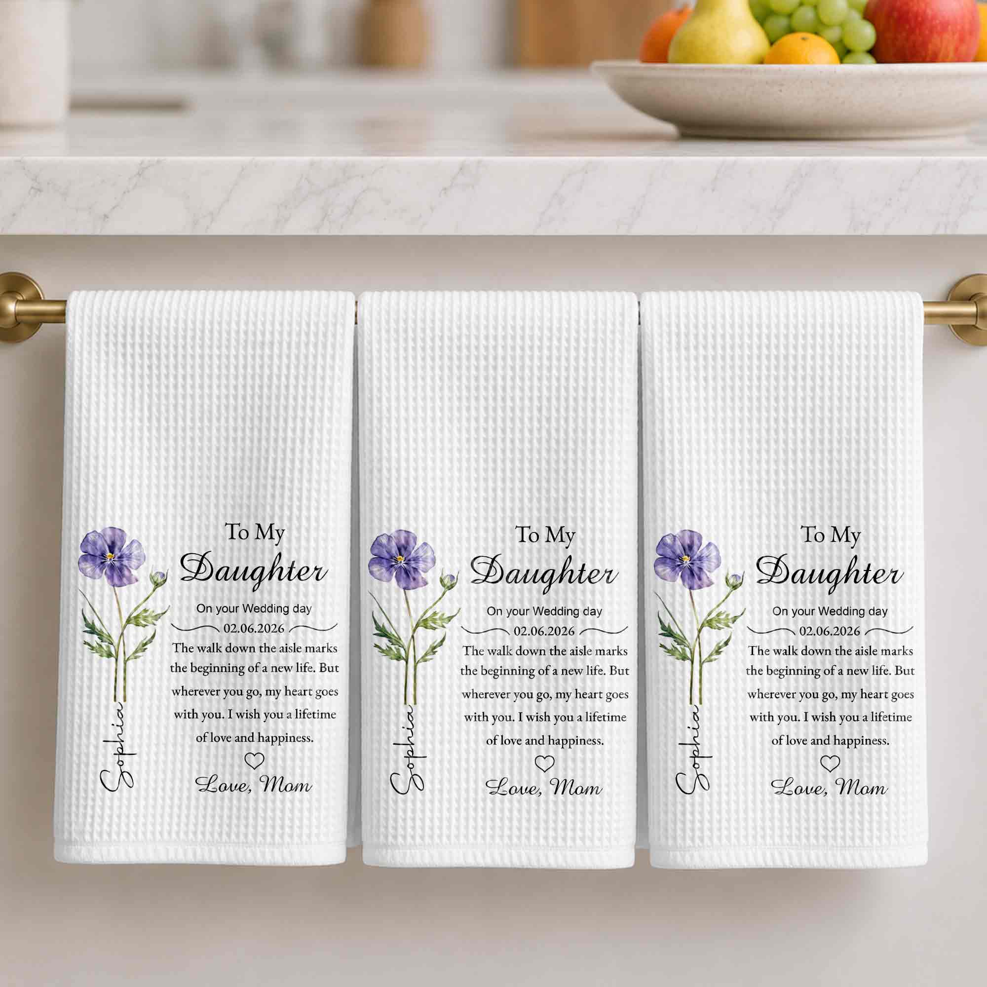 Personalized Kitchen Towel Wedding Day Gift for Daughter Floral Design