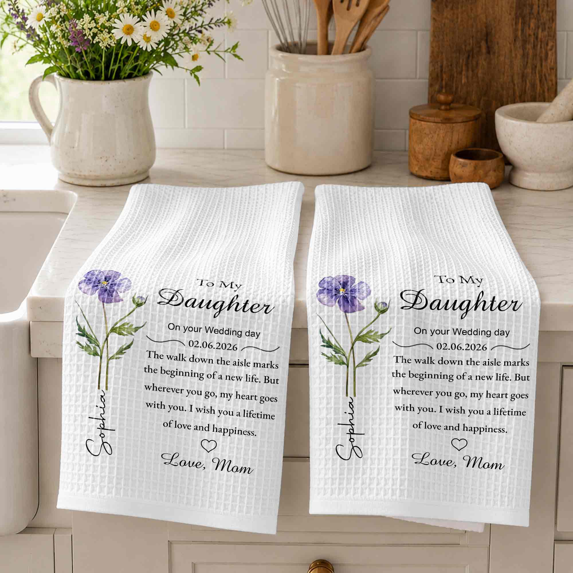 Personalized Kitchen Towel Wedding Day Gift for Daughter Floral Design
