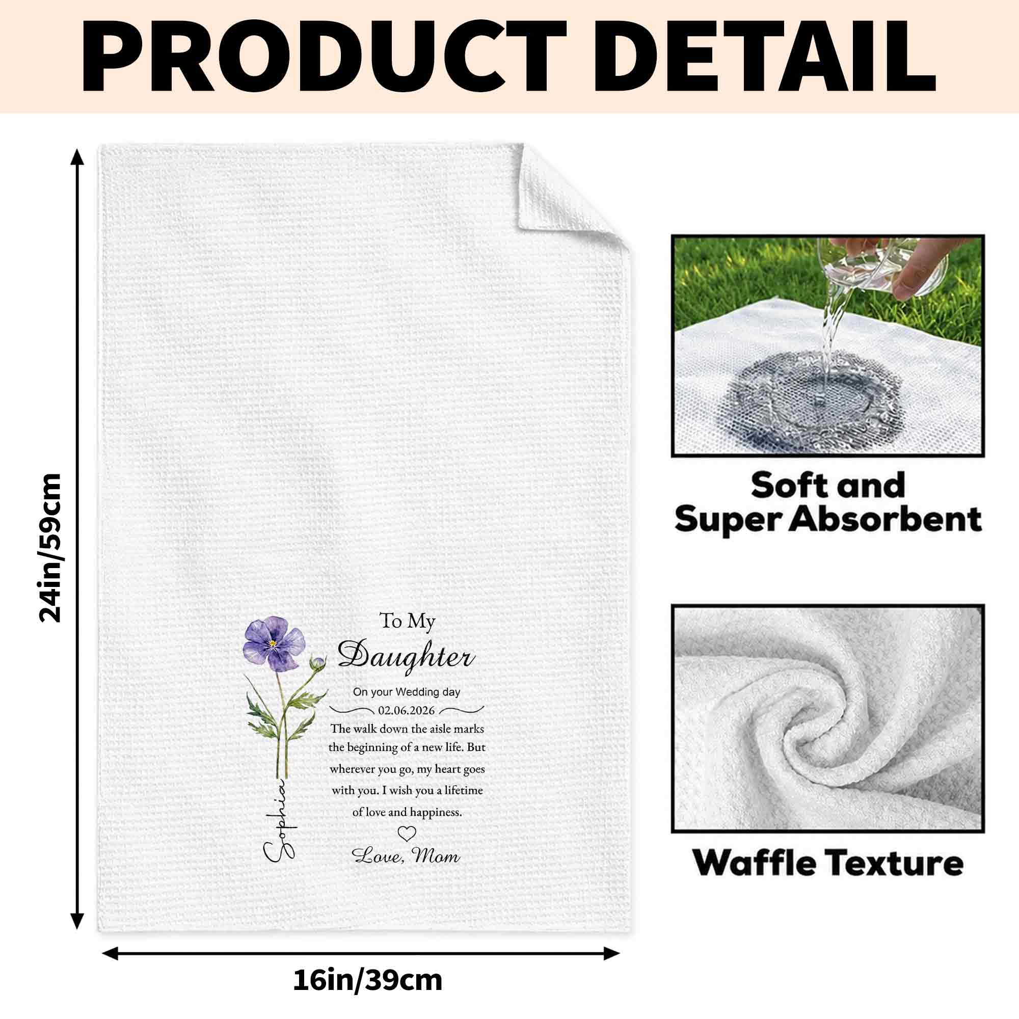Personalized Kitchen Towel Wedding Day Gift for Daughter Floral Design