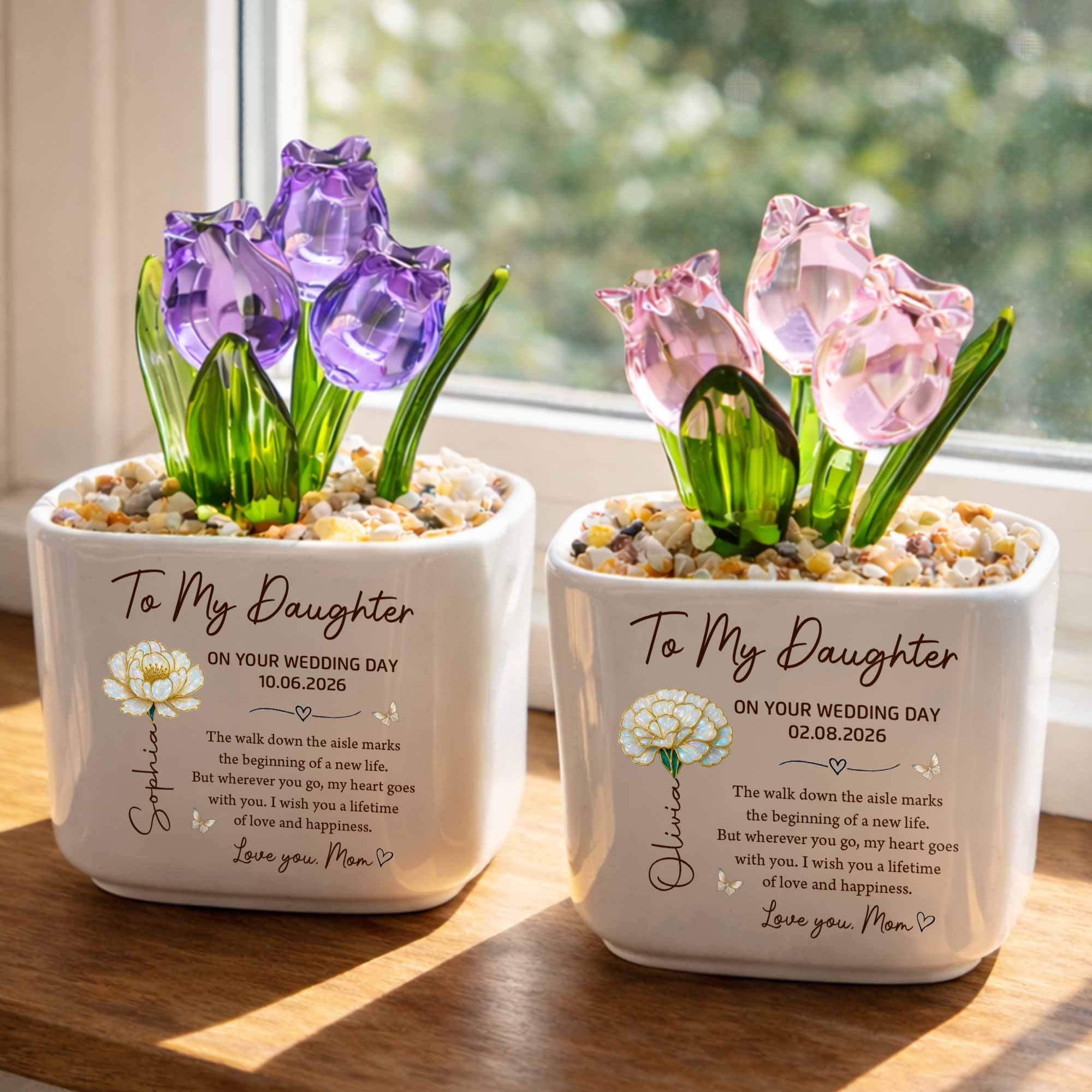 Personalized Glass Everlasting Tulips Custom Gift for Daughter Wedding Day