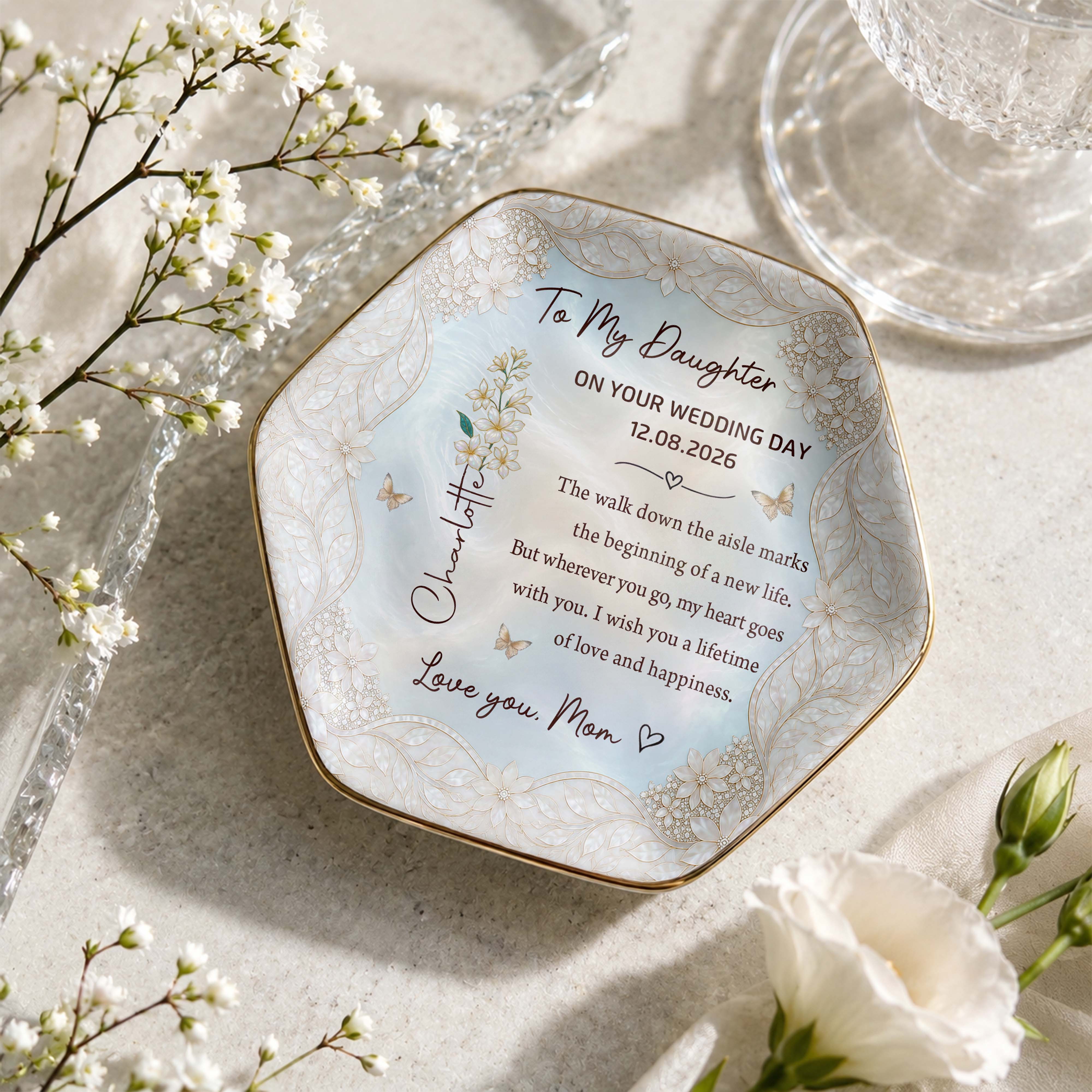 Personalized Ceramic Jewelry Dish Custom Flower Gift for Daughter
