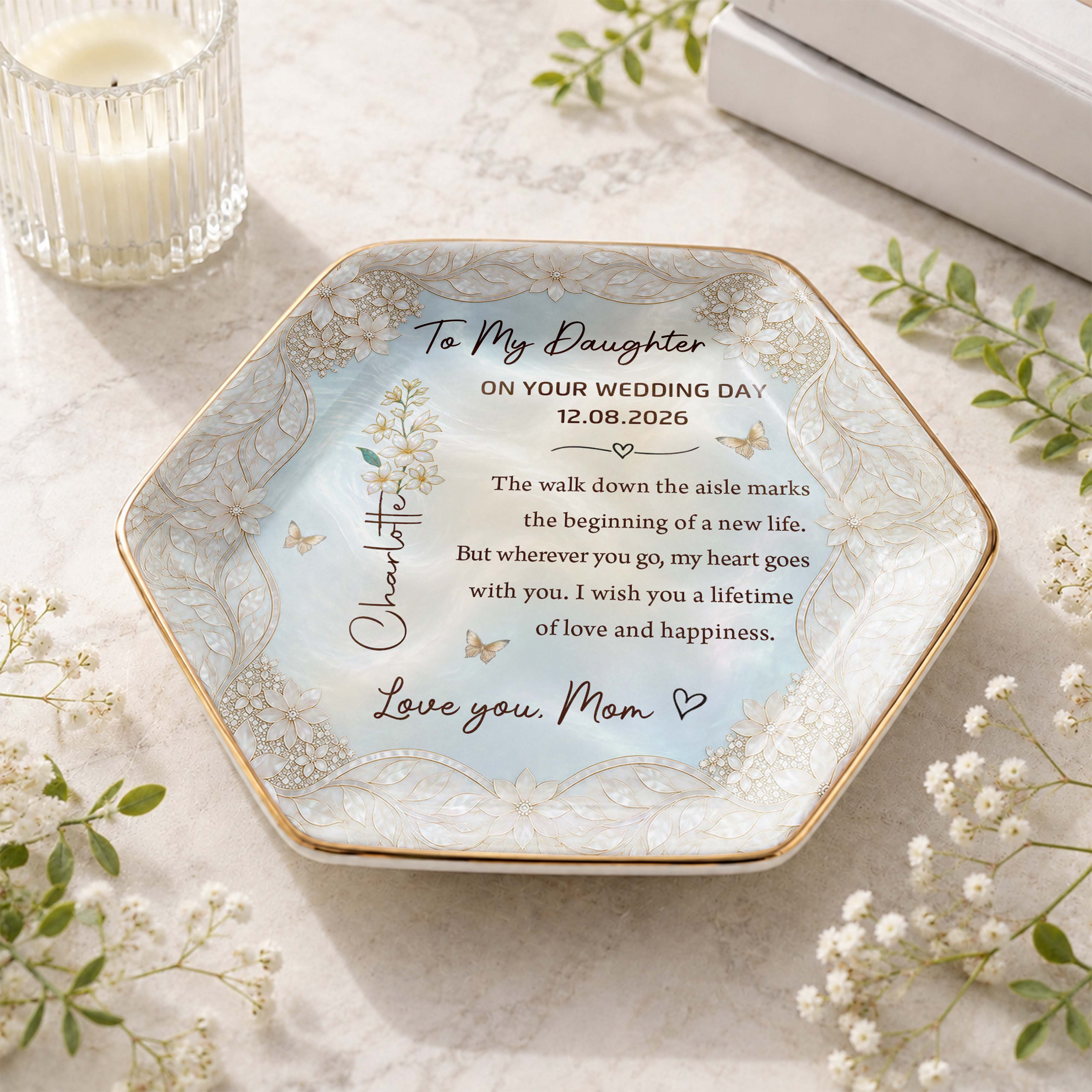Personalized Ceramic Jewelry Dish Custom Flower Gift for Daughter