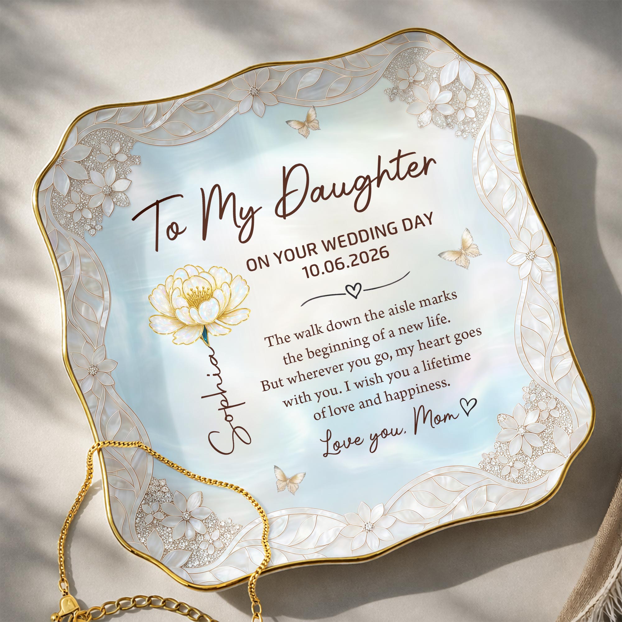 Personalized Lace Jewelry Dish Flower Butterfly Wedding Gift for Daughter