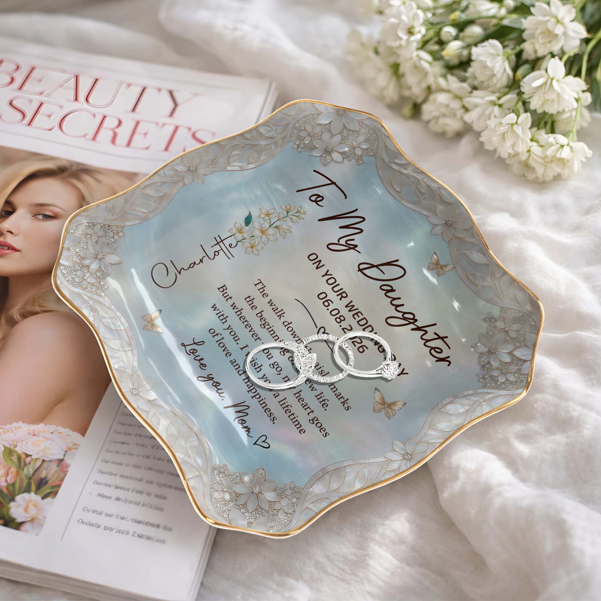 Personalized Lace Jewelry Dish Flower Butterfly Wedding Gift for Daughter