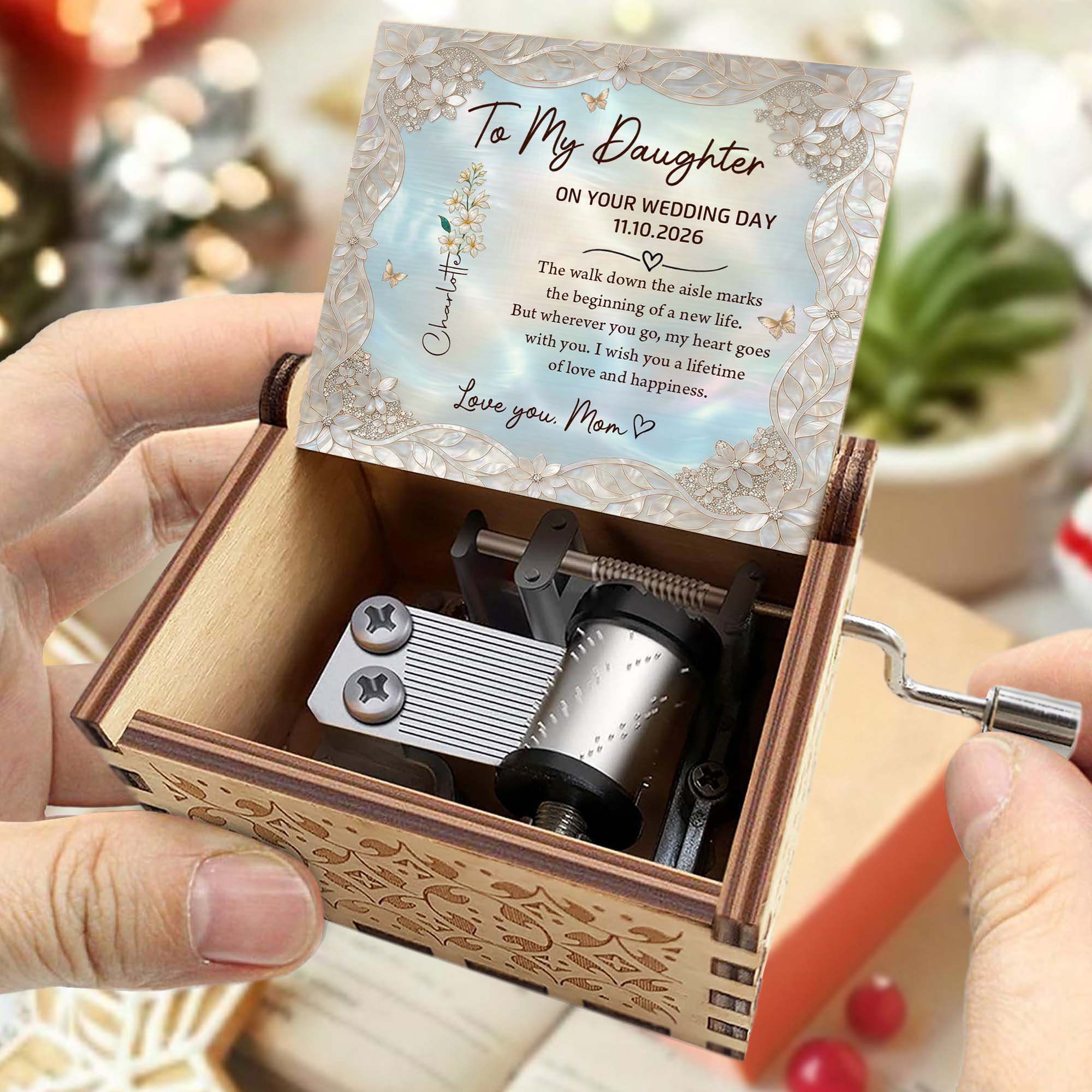 Personalized Music Box Custom Flower Design Gift for Daughter Wedding Day