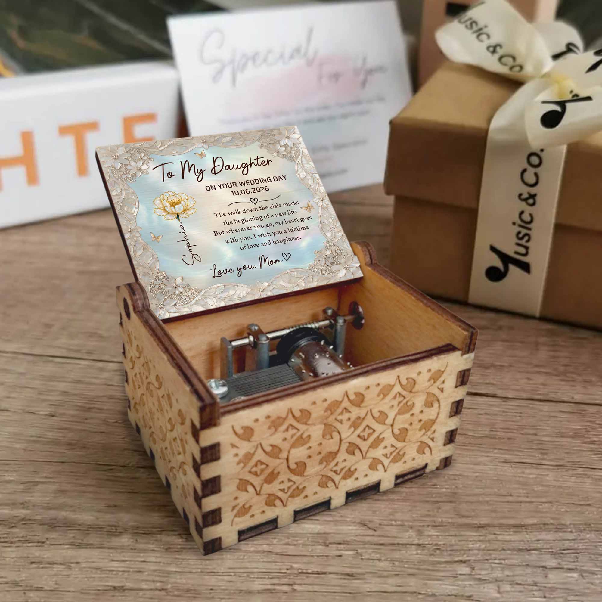 Personalized Music Box Custom Flower Design Gift for Daughter Wedding Day
