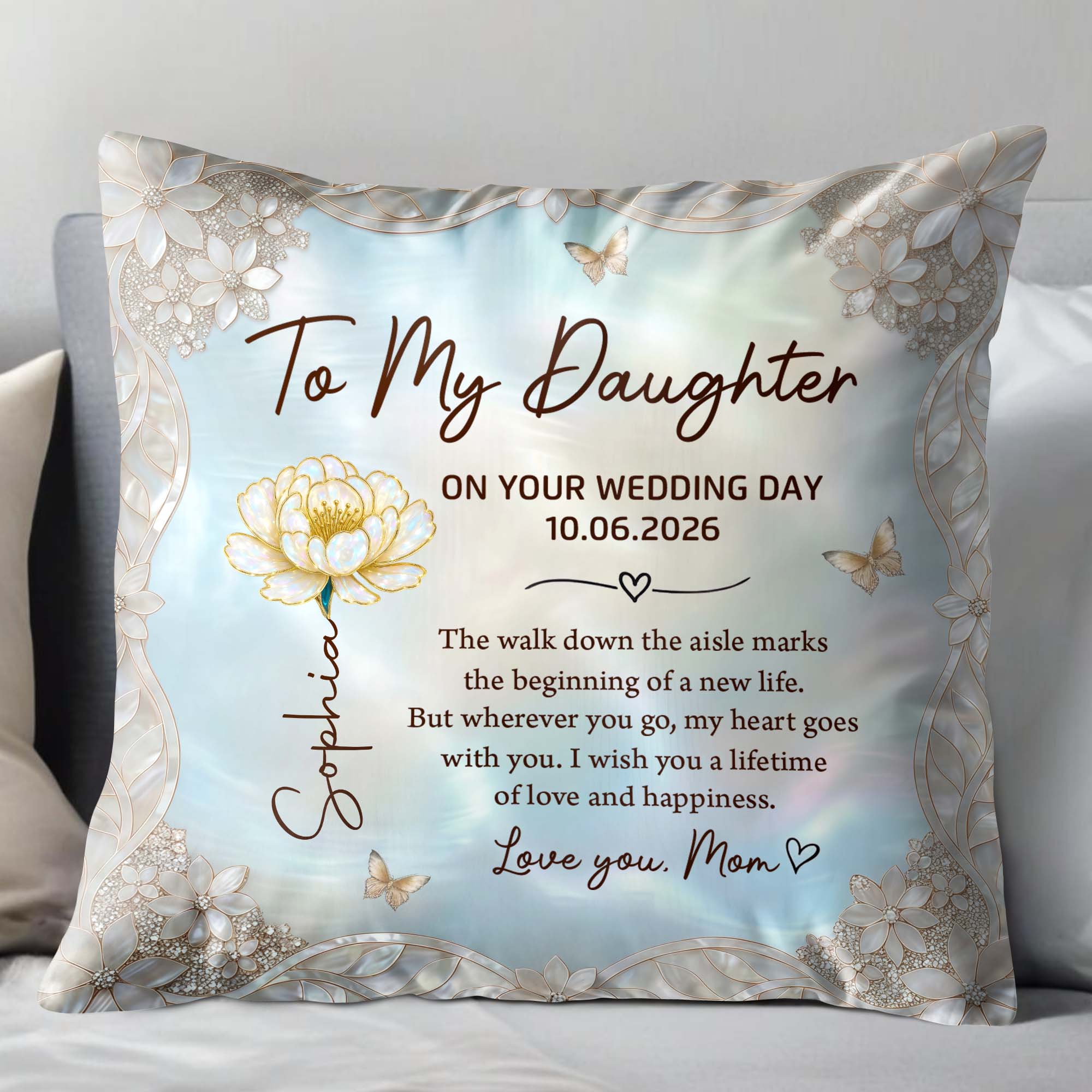 Personalized Wedding Day Pillow Gift for Daughter Birth Month Flowers