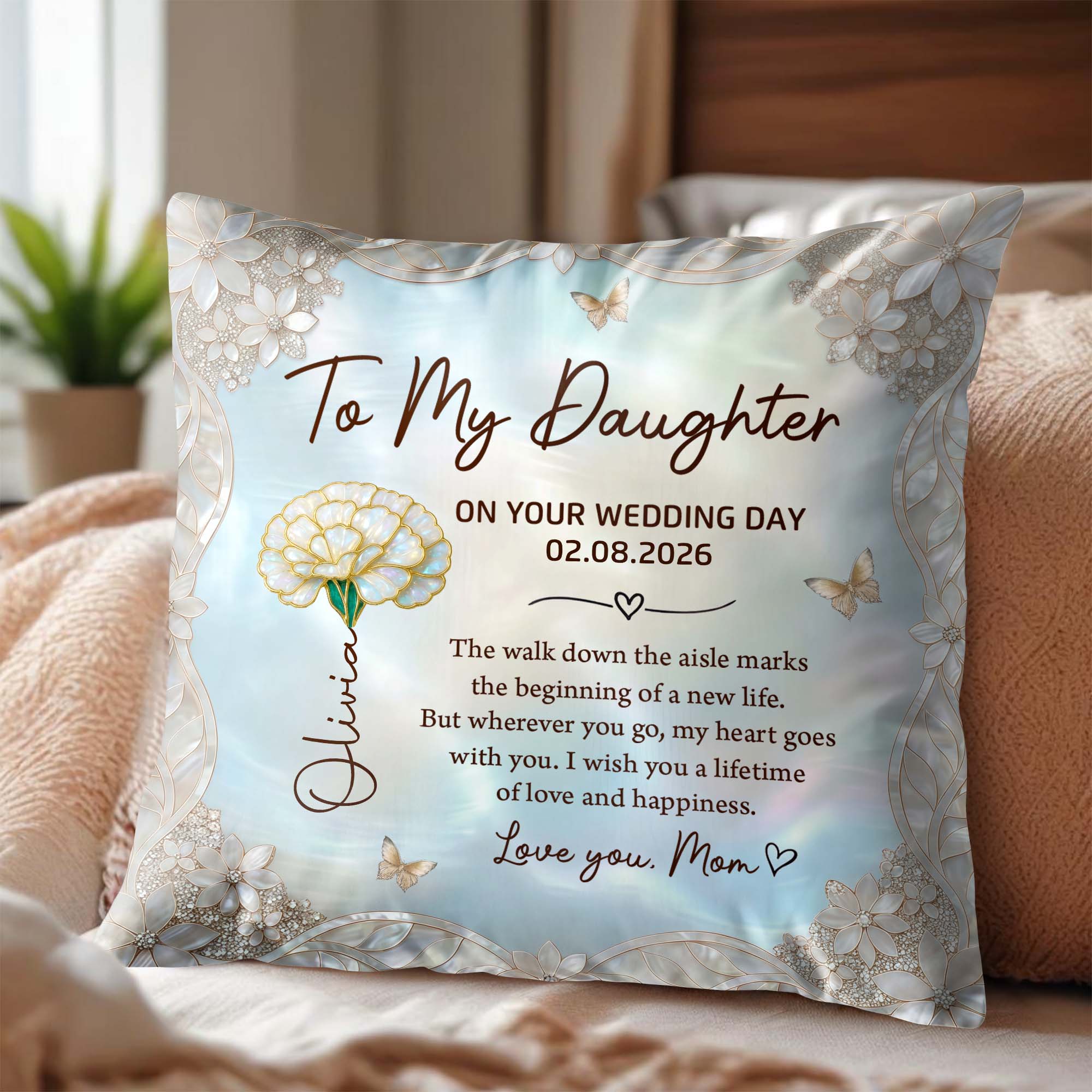 Personalized Wedding Day Pillow Gift for Daughter Birth Month Flowers