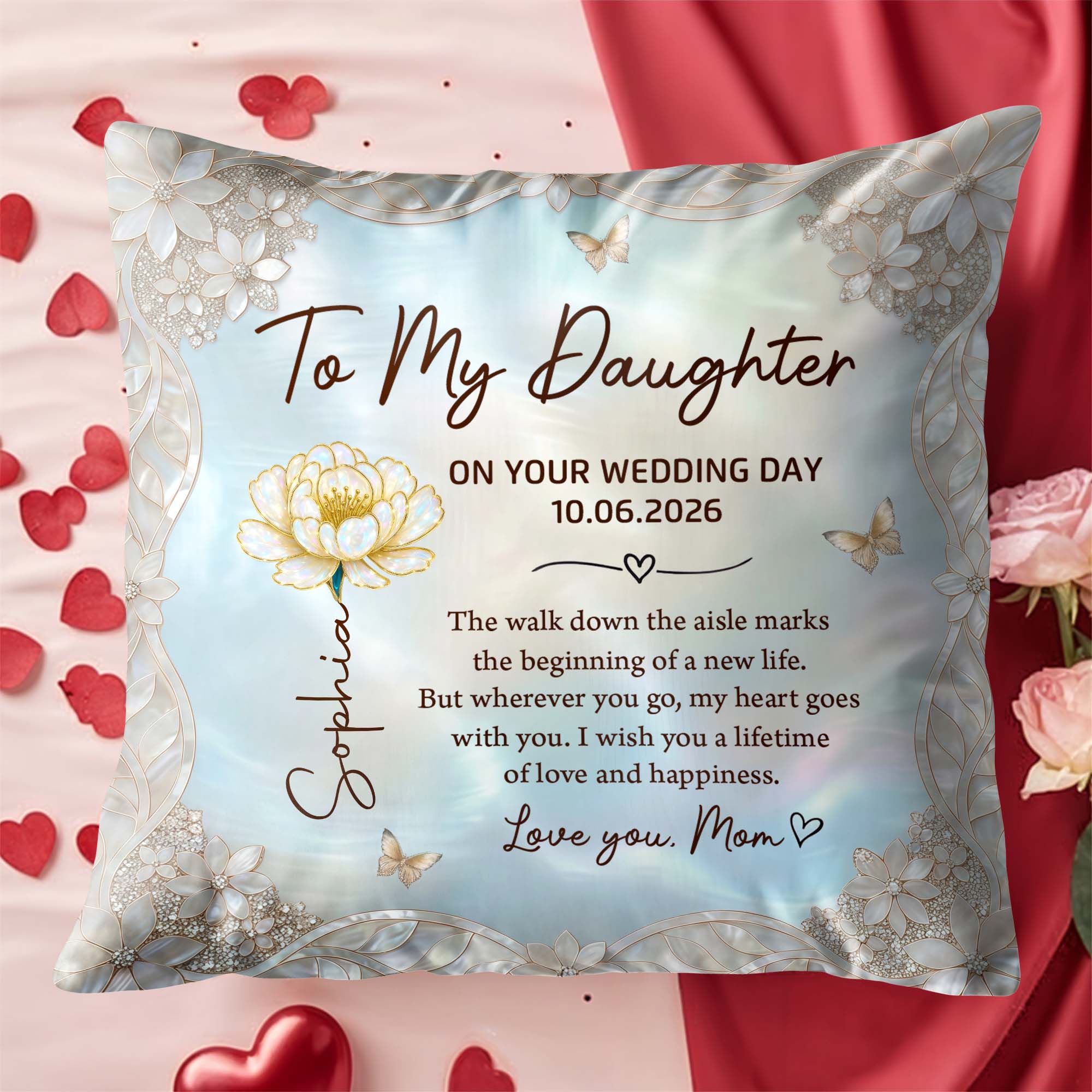 Personalized Wedding Day Pillow Gift for Daughter Birth Month Flowers