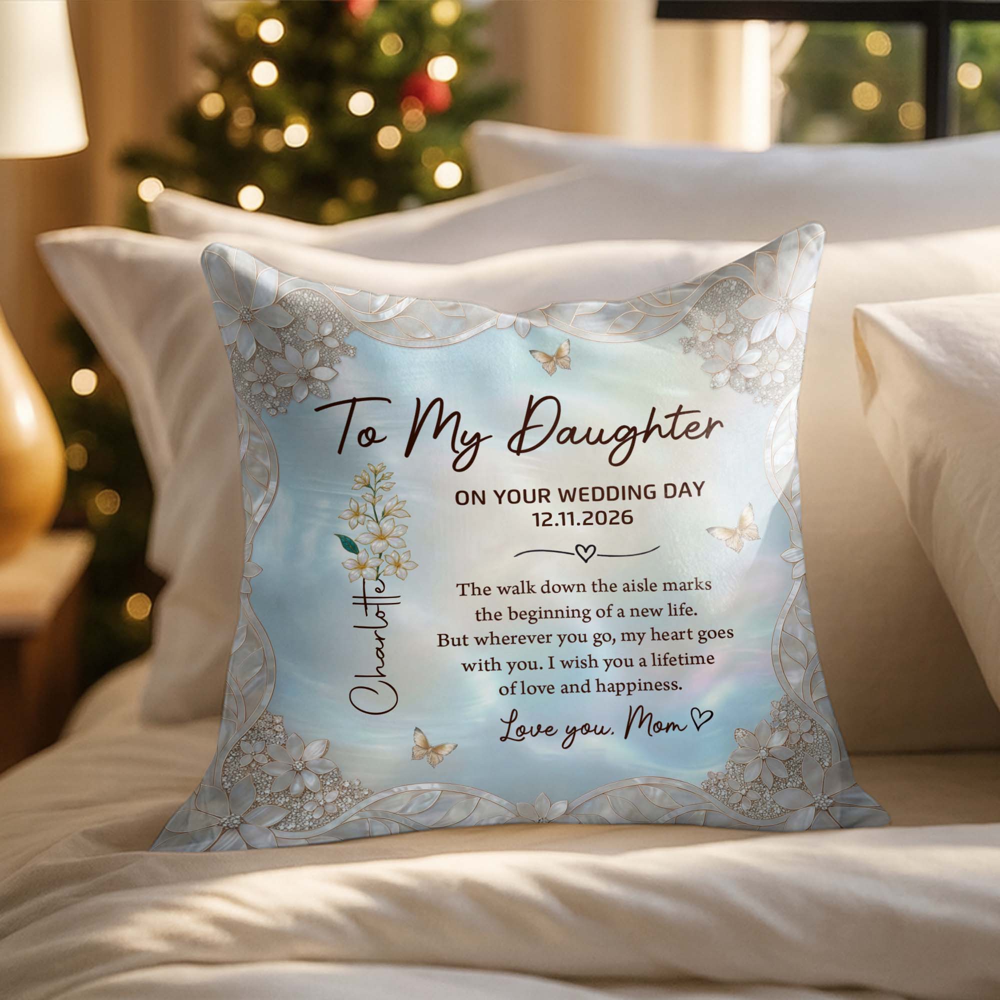 Personalized Wedding Day Pillow Gift for Daughter Birth Month Flowers