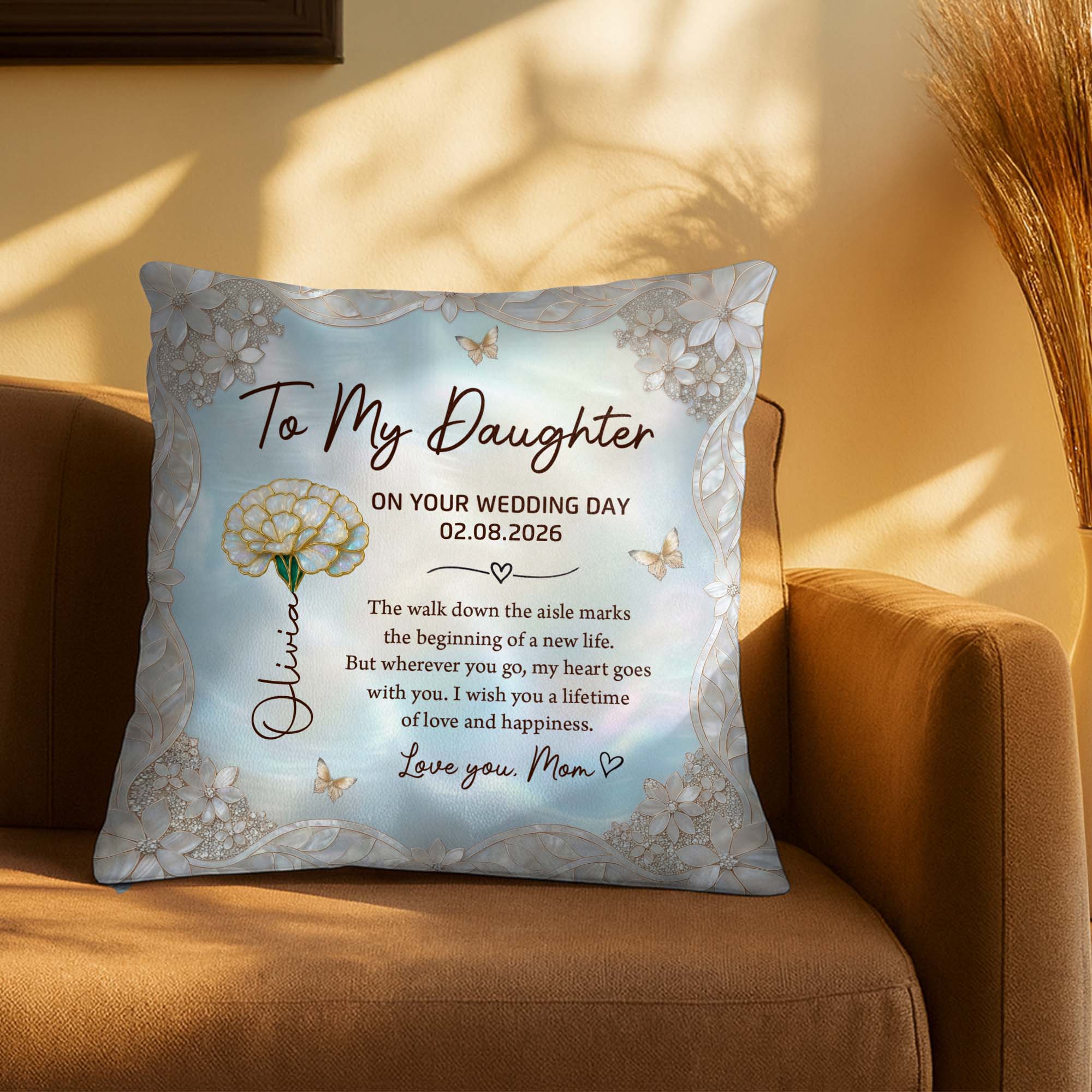 Personalized Wedding Day Pillow Gift for Daughter Birth Month Flowers