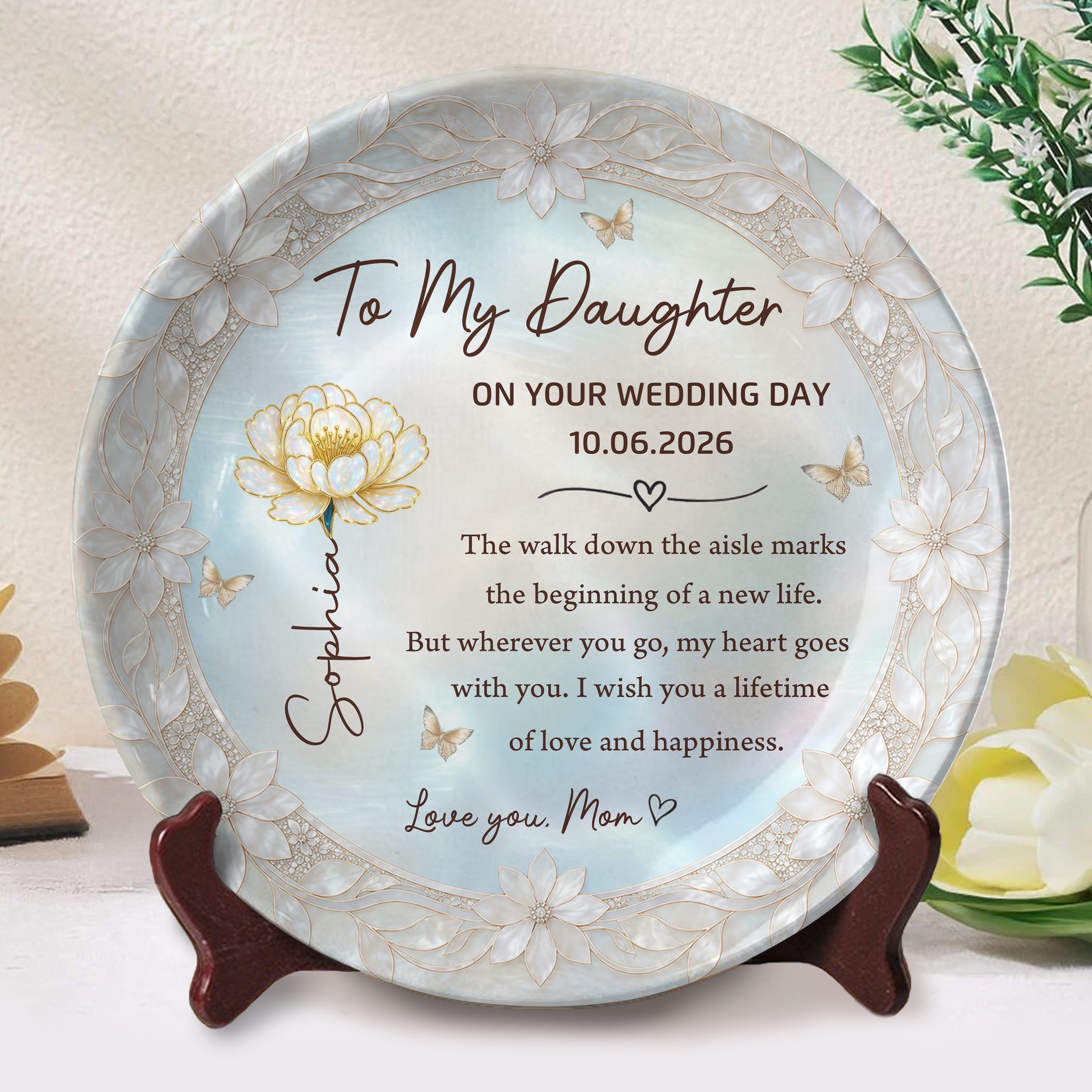 Personalized Ceramic Wedding Plate Gift for Daughter - Flower & Butterfly