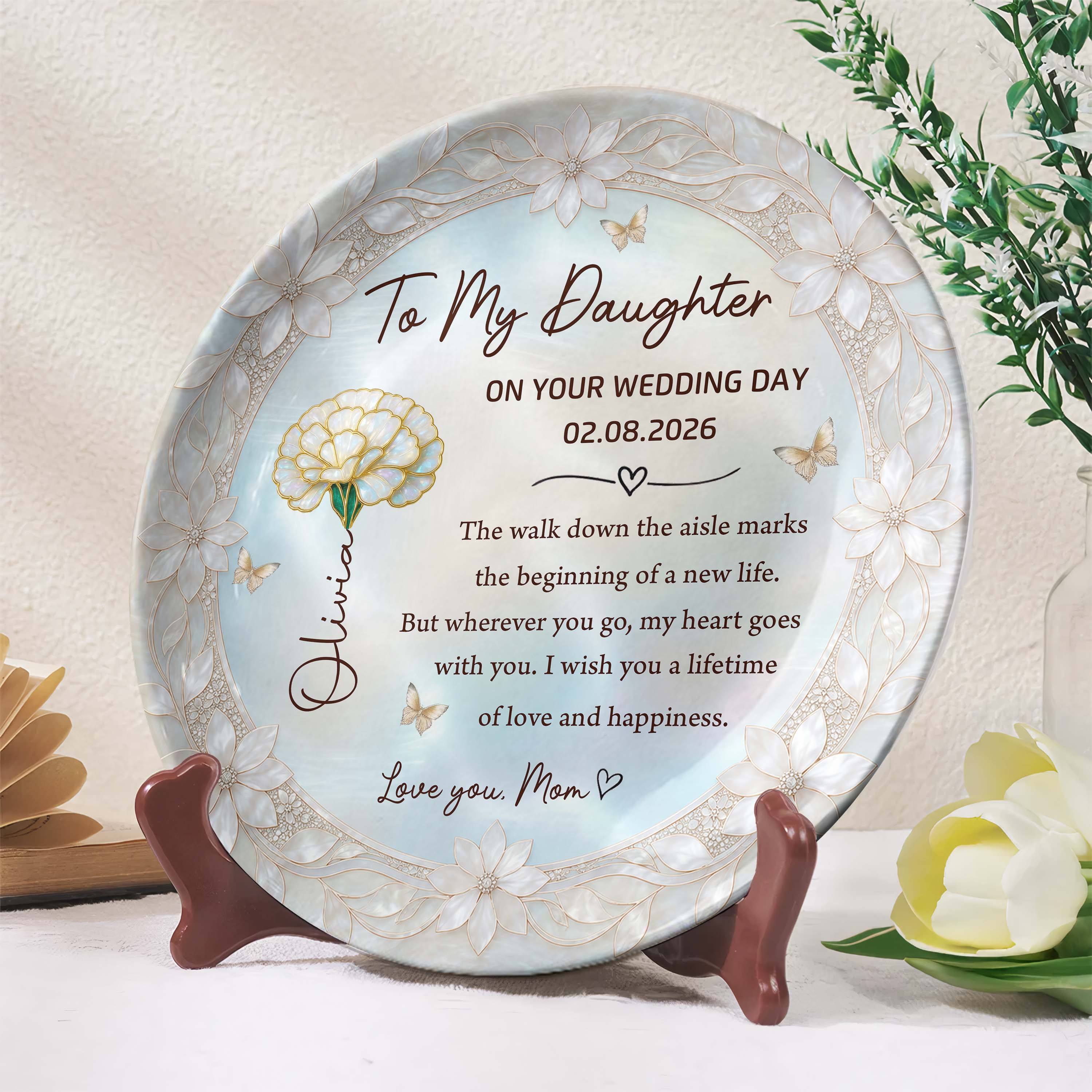 Personalized Ceramic Wedding Plate Gift for Daughter - Flower & Butterfly