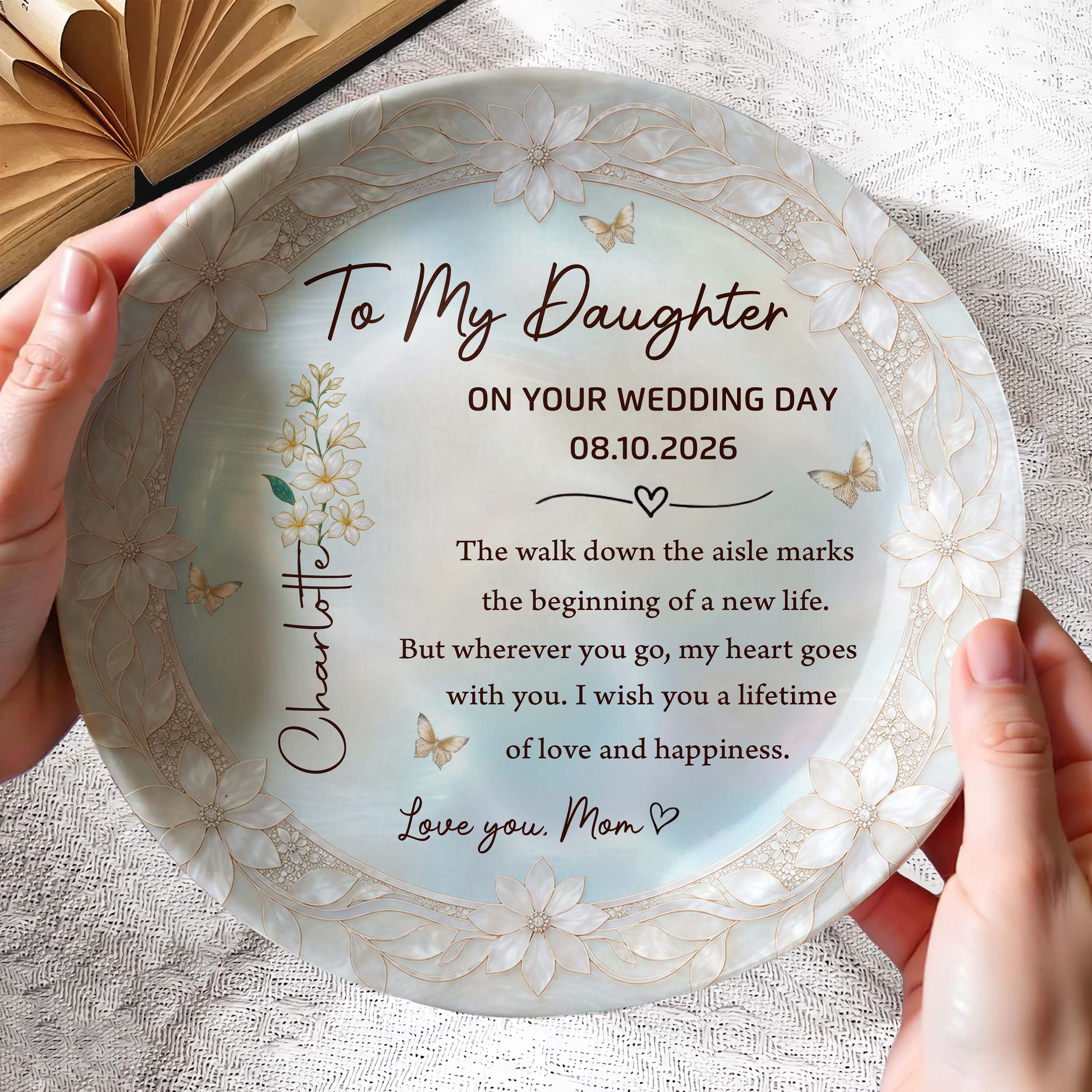 Personalized Ceramic Wedding Plate Gift for Daughter - Flower & Butterfly
