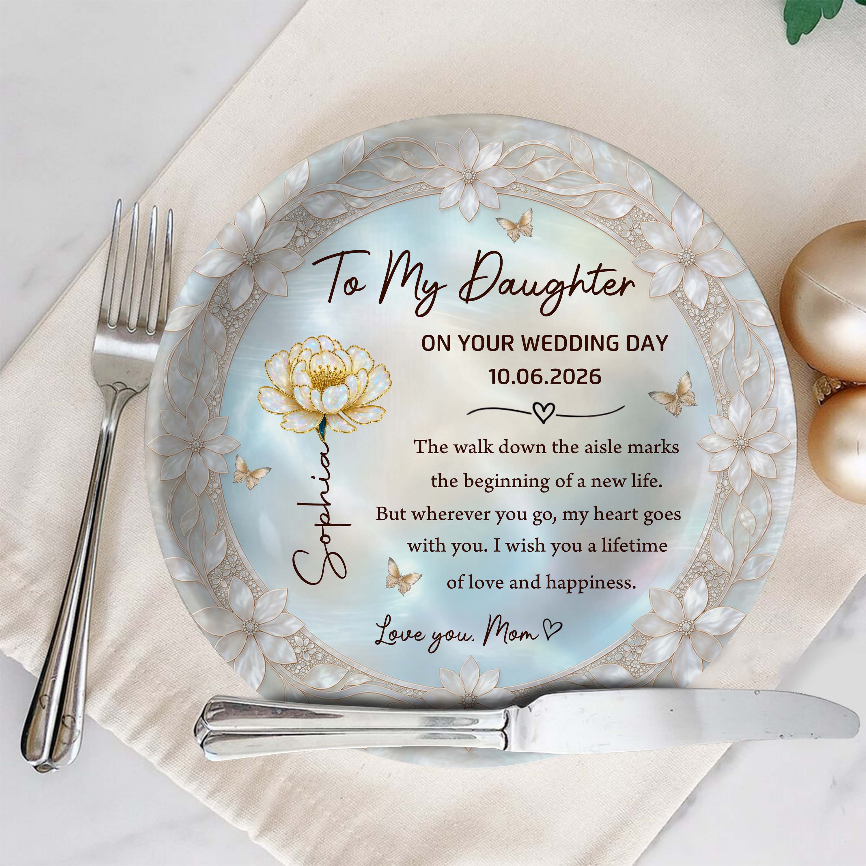 Personalized Ceramic Wedding Plate Gift for Daughter - Flower & Butterfly