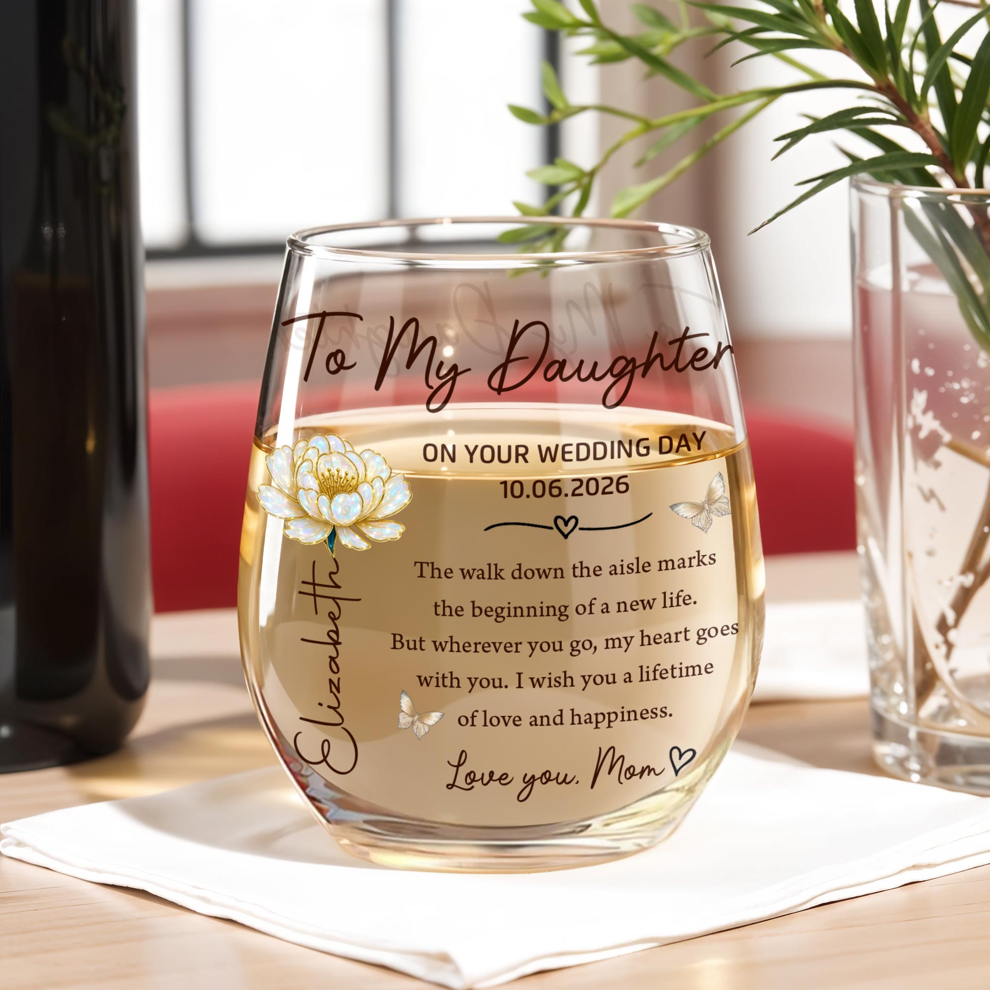 Personalized Stemless Wine Glass Custom Name Gift for Daughter Wedding Day