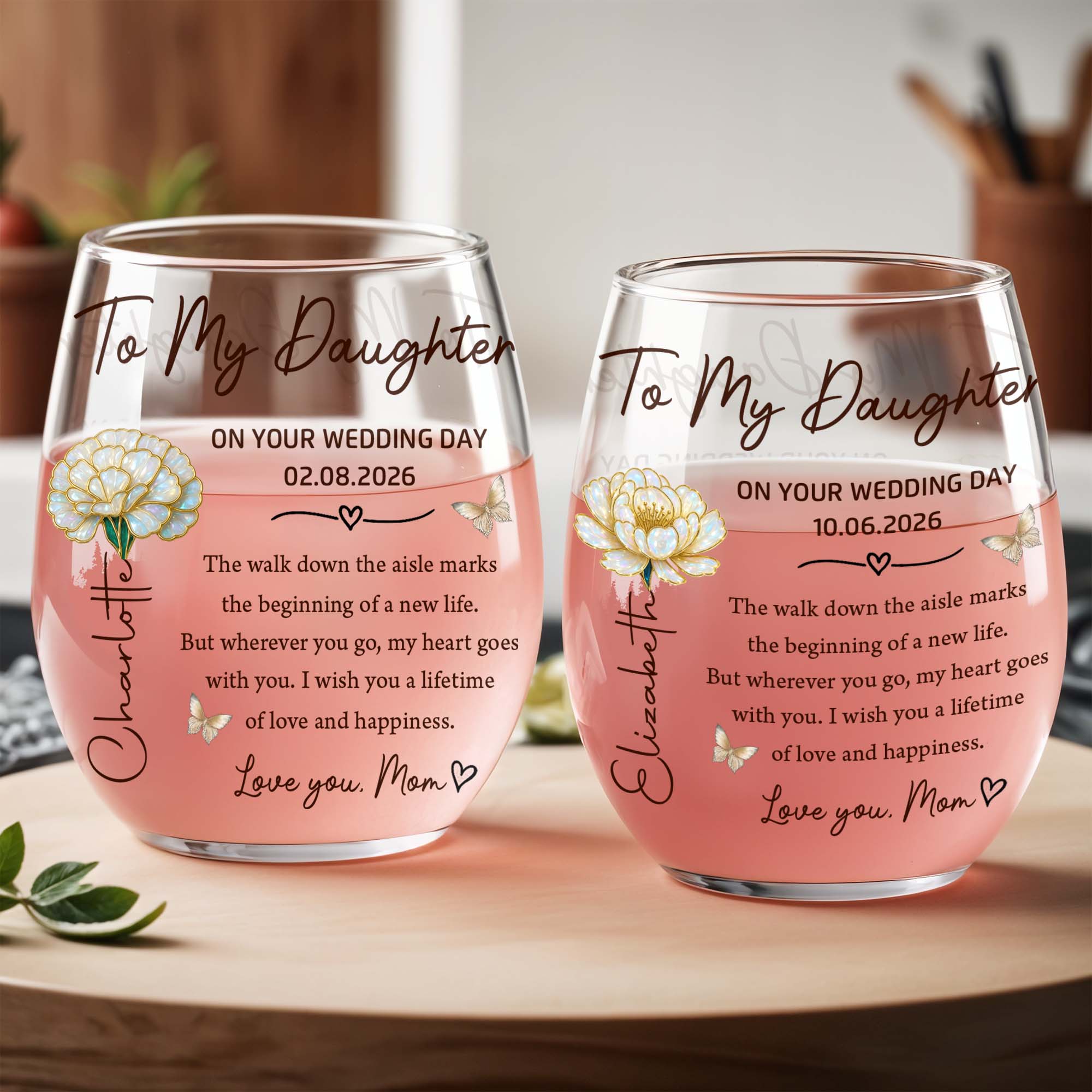 Personalized Stemless Wine Glass Custom Name Gift for Daughter Wedding Day