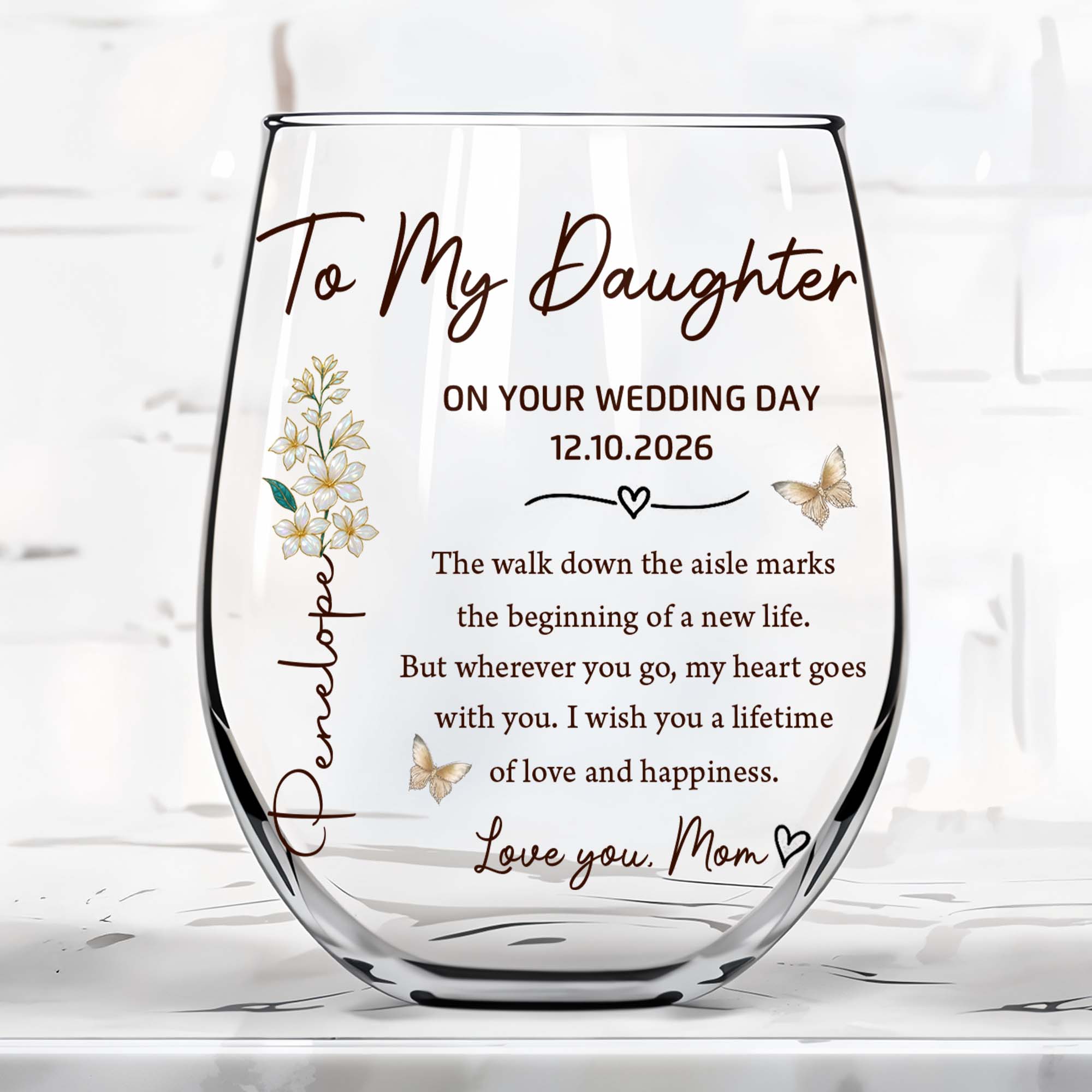 Personalized Stemless Wine Glass Custom Name Gift for Daughter Wedding Day