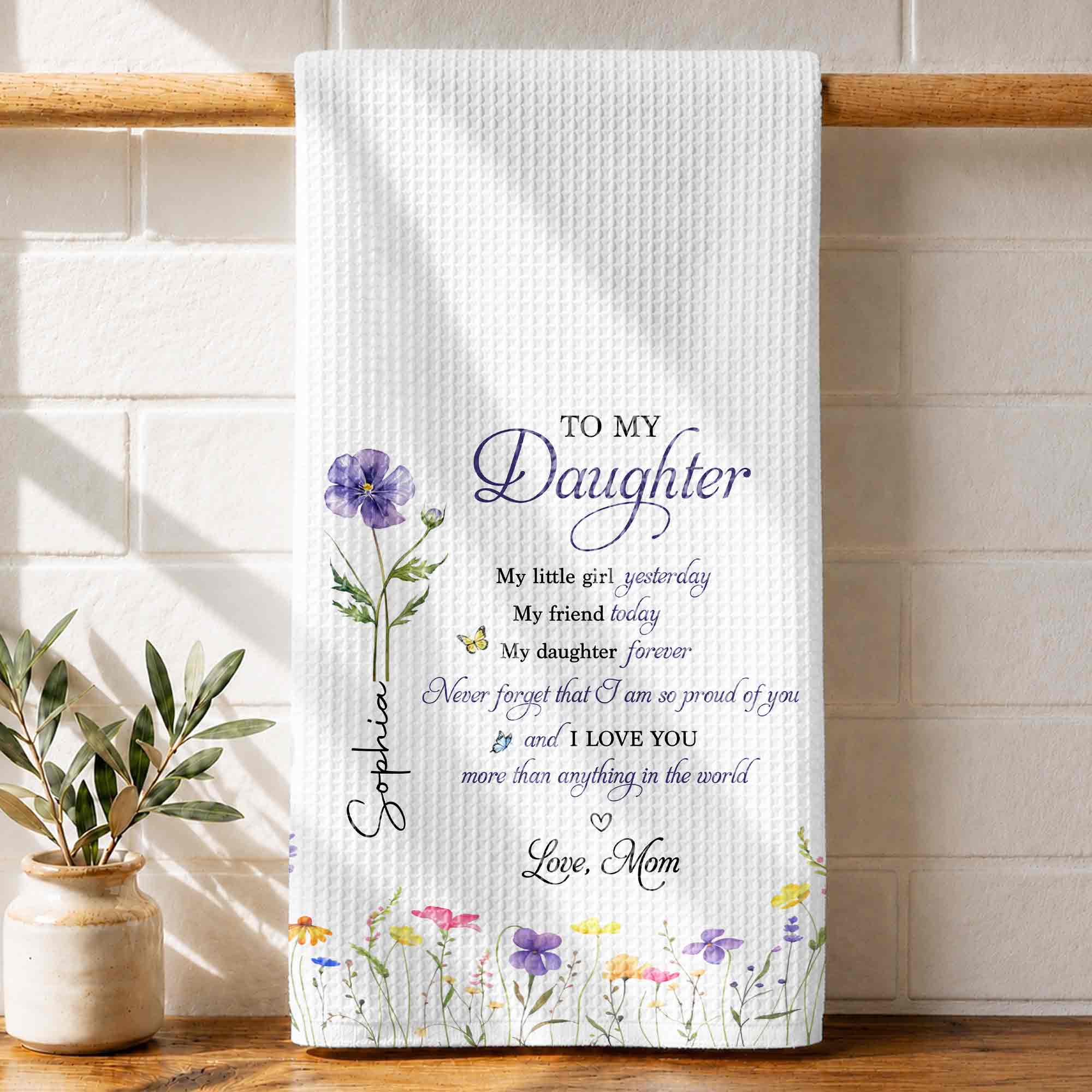 Personalized Kitchen Towel Birth Month Flowers Gift for Daughter