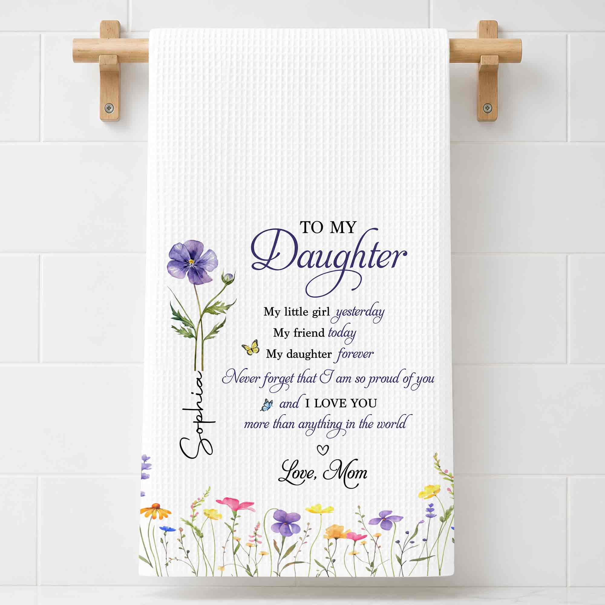 Personalized Kitchen Towel Birth Month Flowers Gift for Daughter